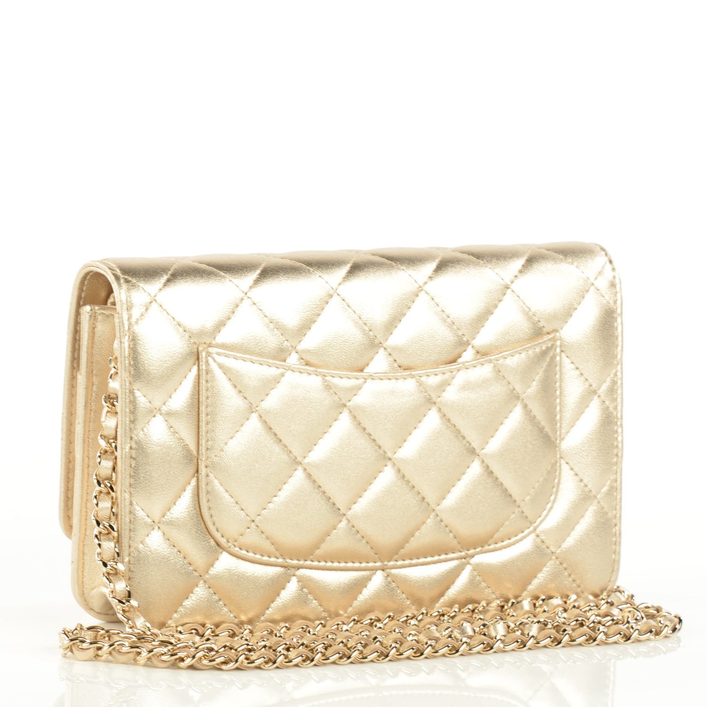 Metallic Lambskin Quilted Wallet On Chain WOC Gold