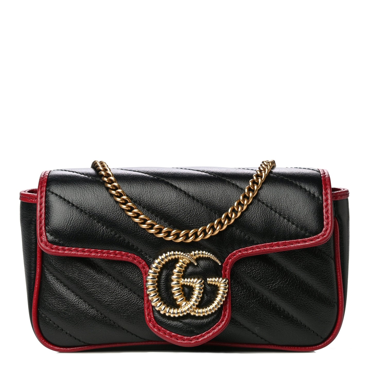 Vintage Effect Calfskin Matelasse Diagonal Super Mini Torchon GG Marmont Shoulder Bag Black Romantic Cherry