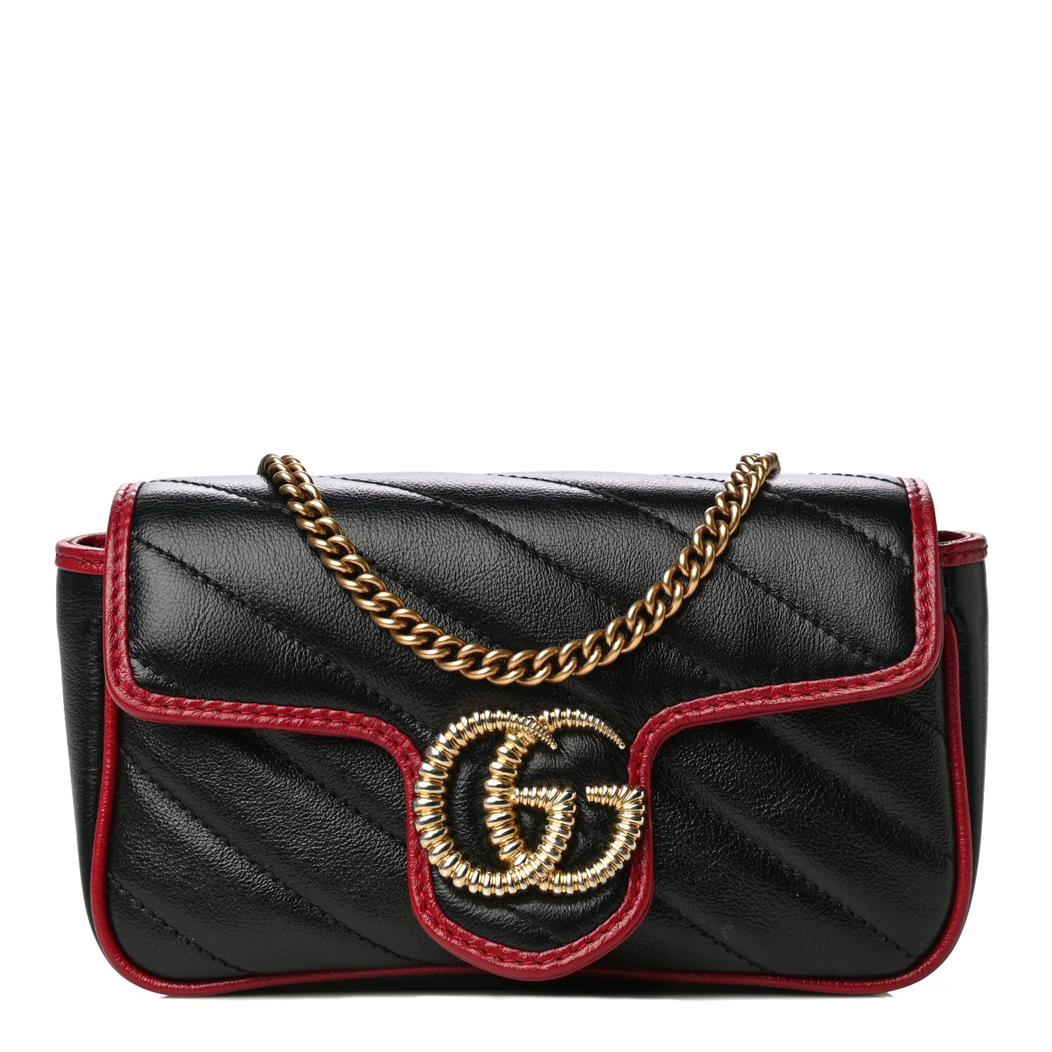 Gucci Vintage Effect Calfskin Matelasse Diagonal Super Mini Torchon GG Marmont Shoulder Bag Black Romantic Cherry 1 of 11