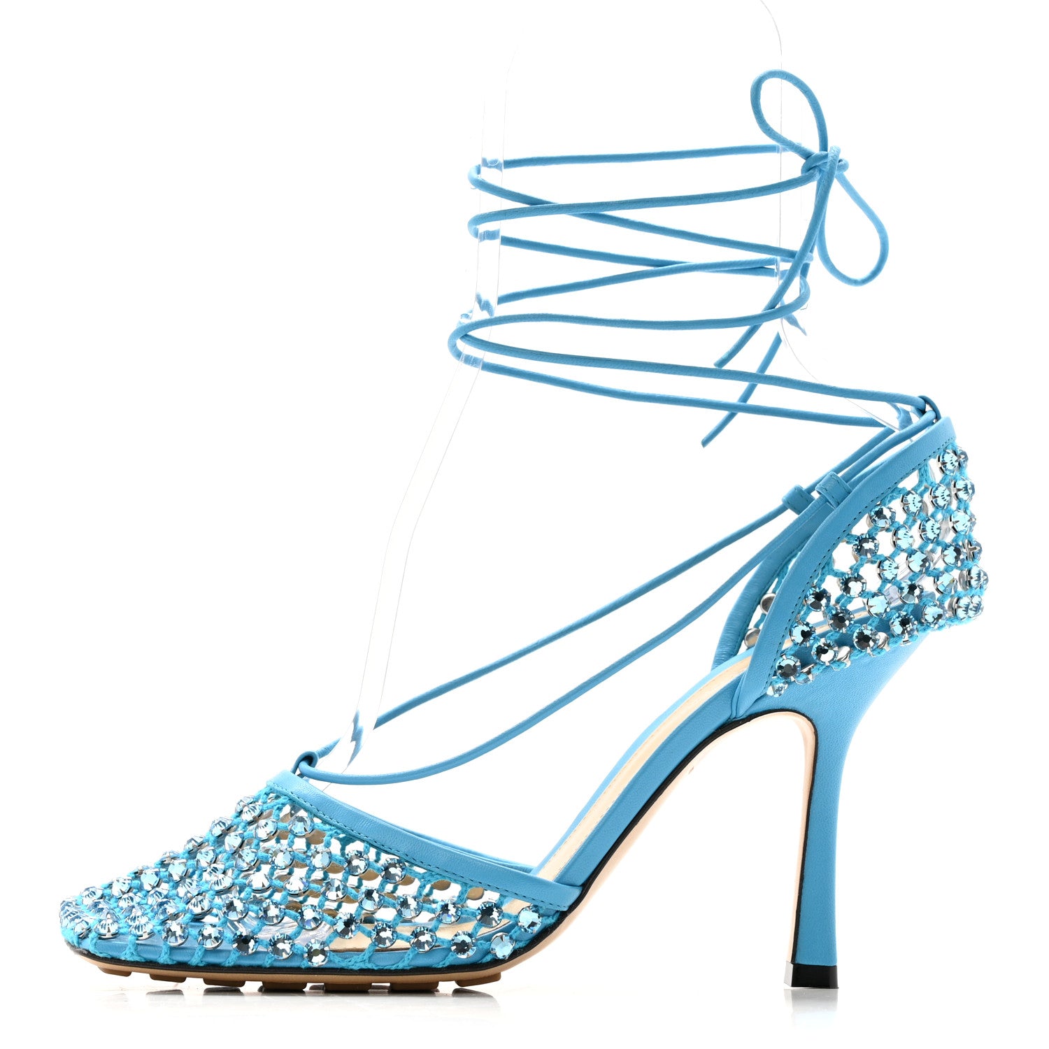 Bottega Veneta Mesh Nappa Crystal Embellished Sparkle Stretch Ankle Tie 90mm Sandals 39 Pool 1 of 11