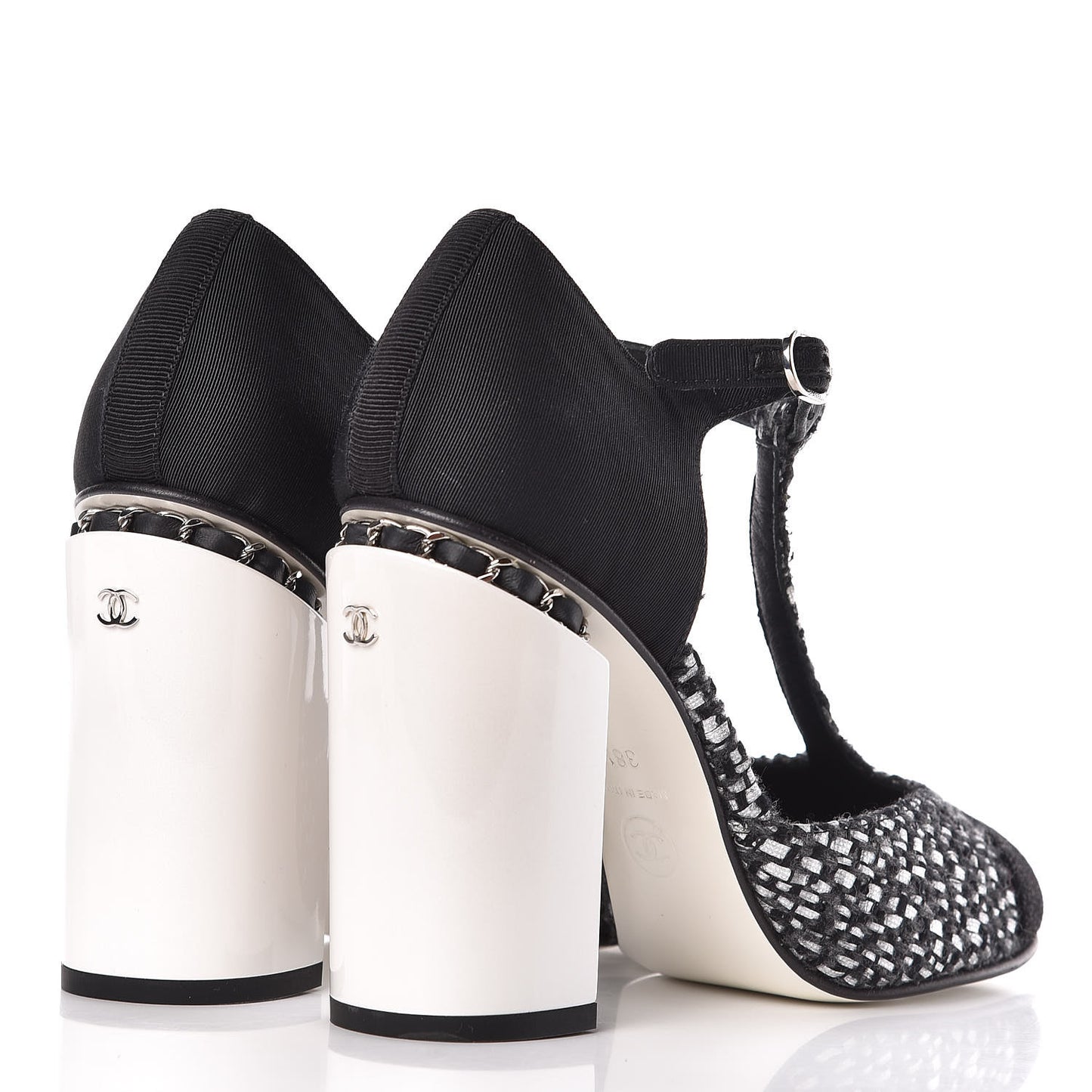 Tweed Grosgrain Chain T-Strap Pumps 38.5 Black Silver