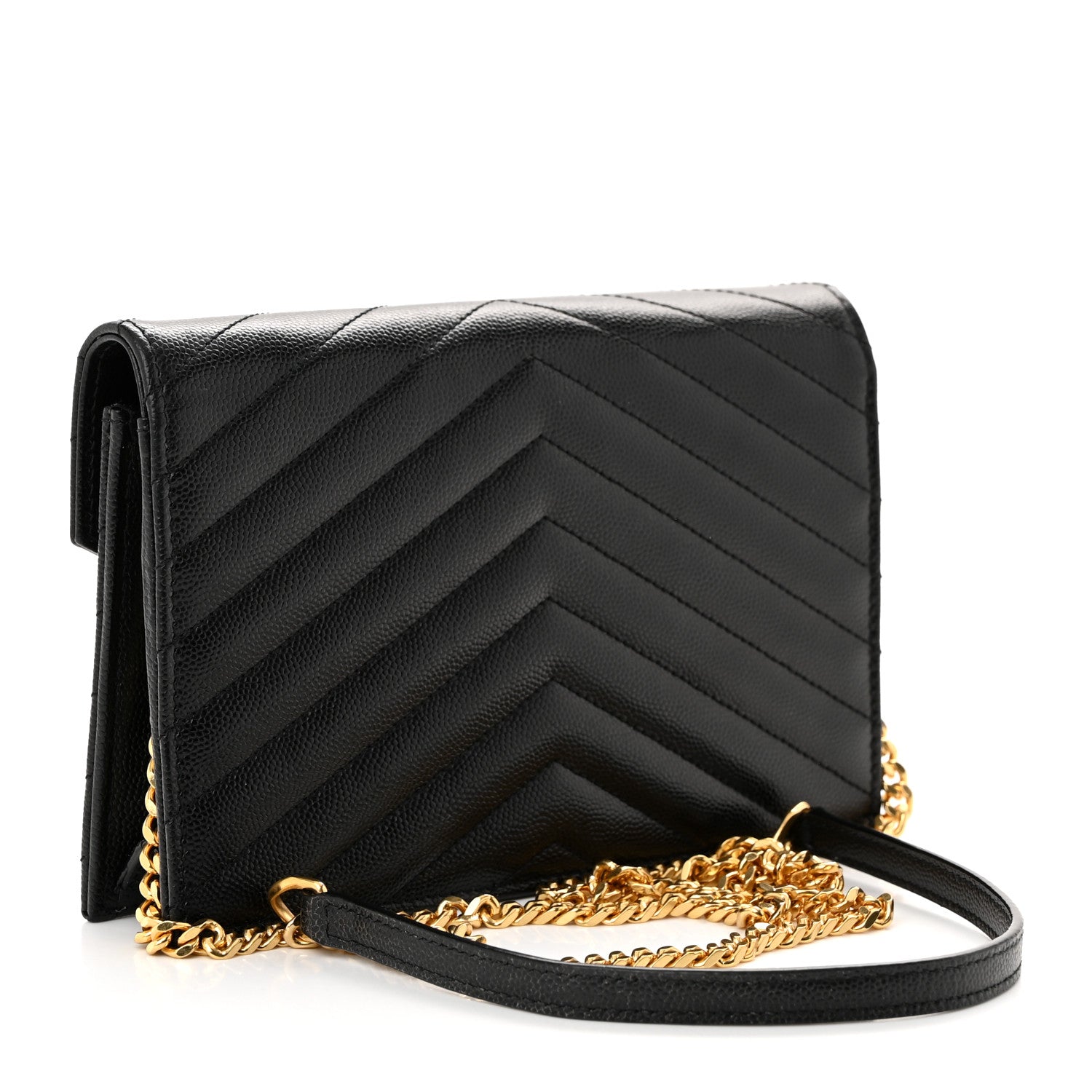 Saint Laurent Grain De Poudre Matelasse Chevron Monogram Envelope Chain Wallet Black 3 of 10