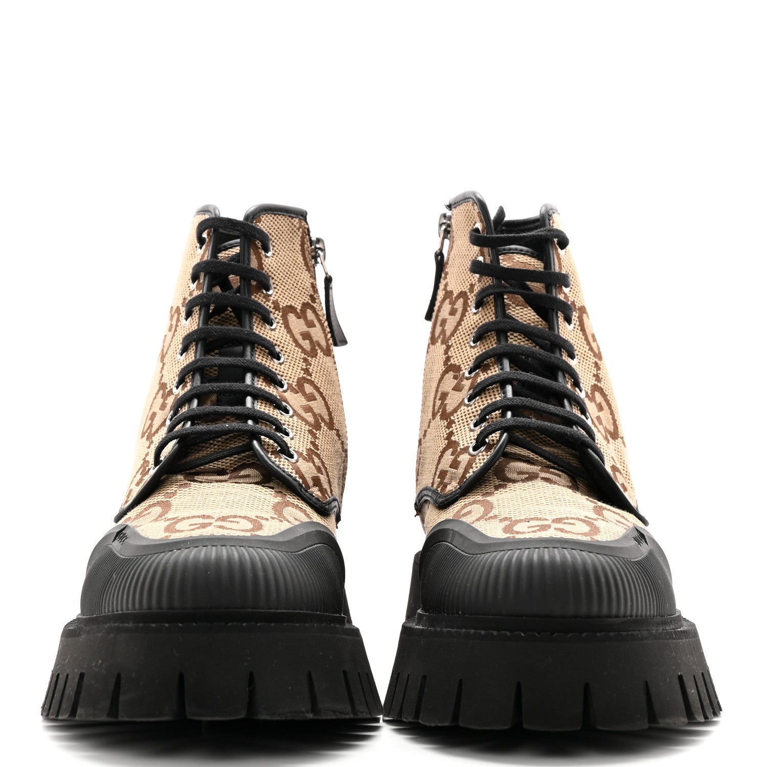 Gucci Monogram Jumbo GG Miro Soft Calfskin Mens Lace Up Combat Boots 8 Camel Ebony Black 2 of 12