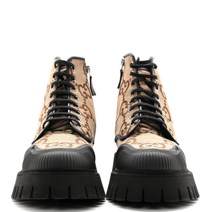Gucci Monogram Jumbo GG Miro Soft Calfskin Mens Lace Up Combat Boots 8 Camel Ebony Black 2 of 12