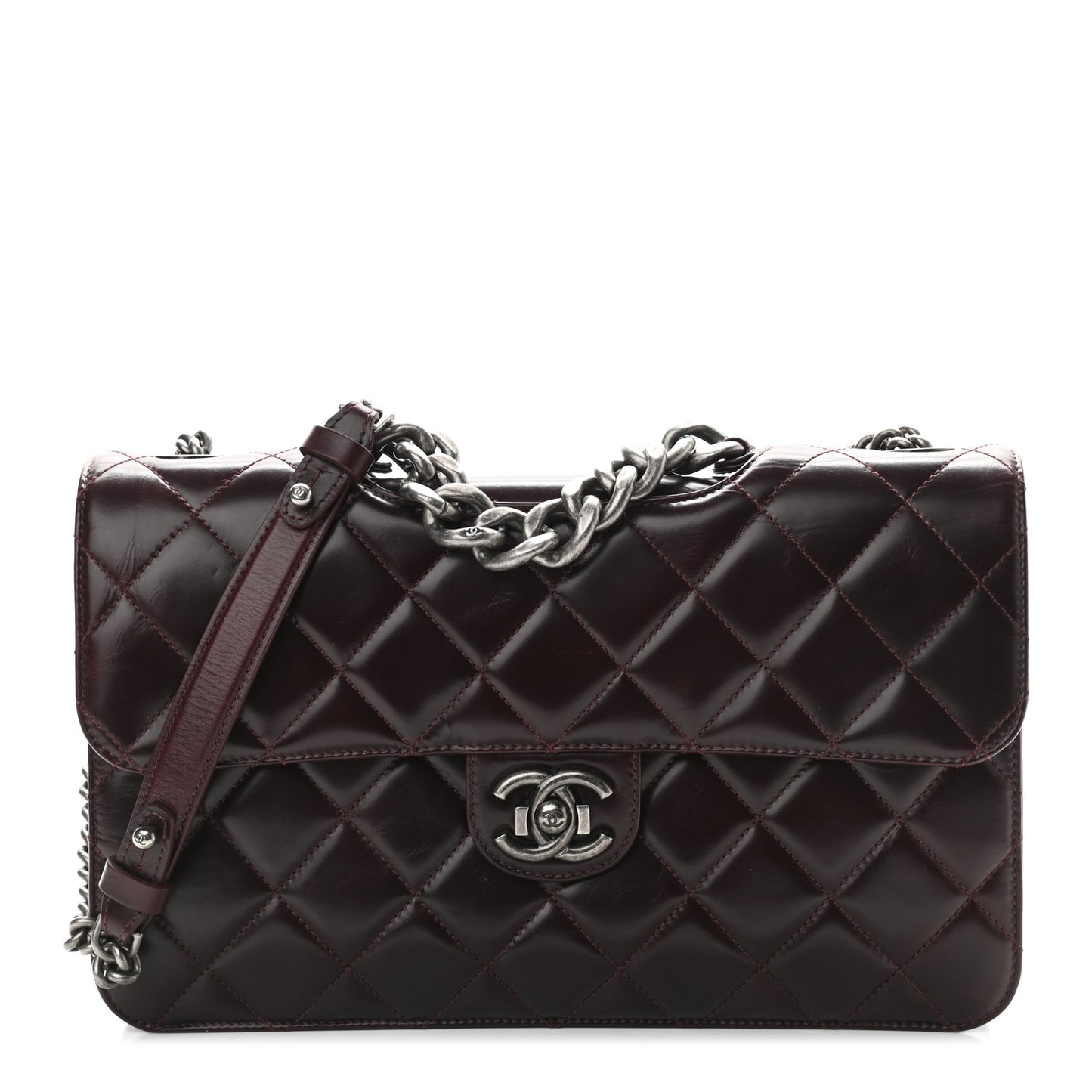 Calfskin Quilted Large Perfect Edge Flap Burgundy