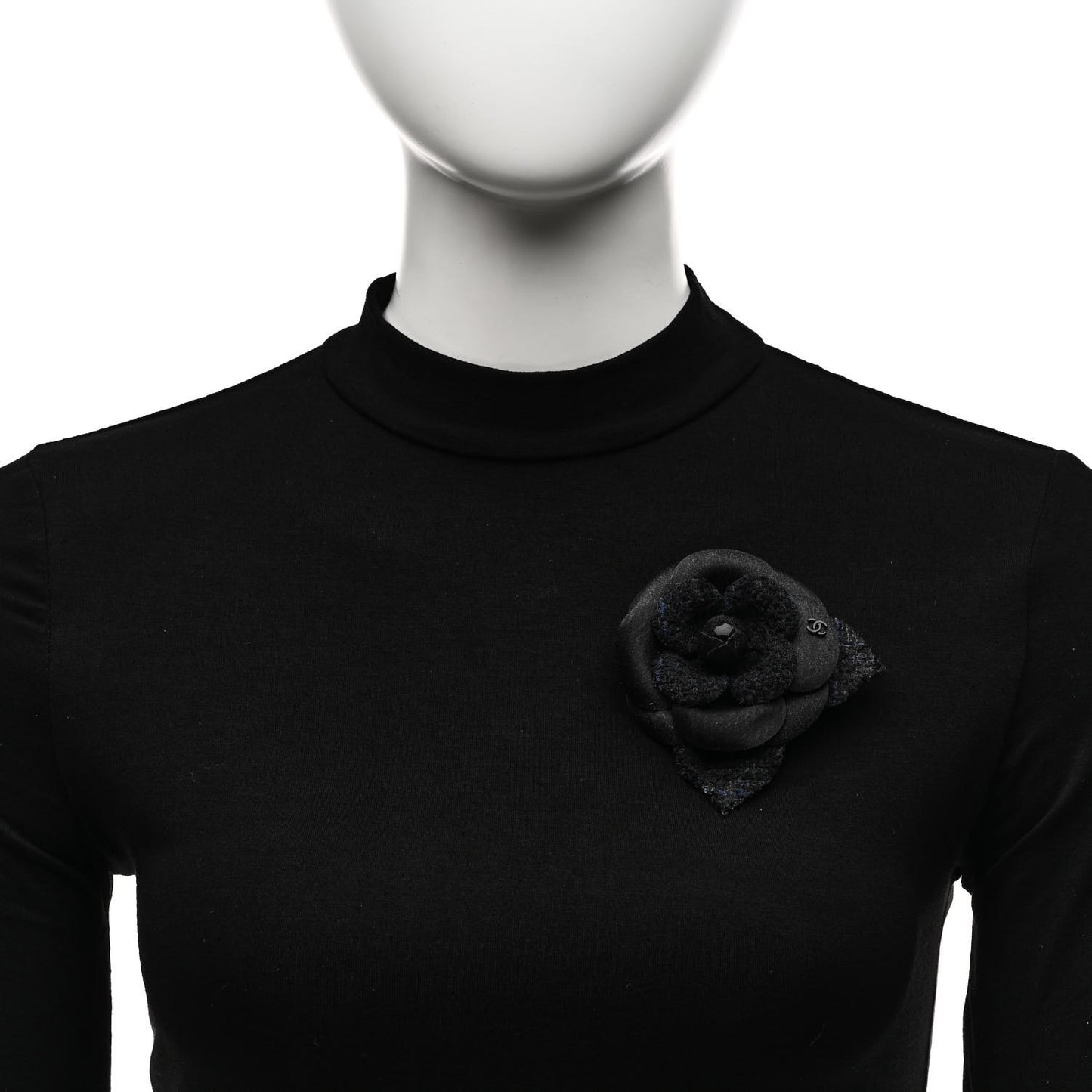 Tweed Fabric Camellia Pin Brooch Navy Blue Black