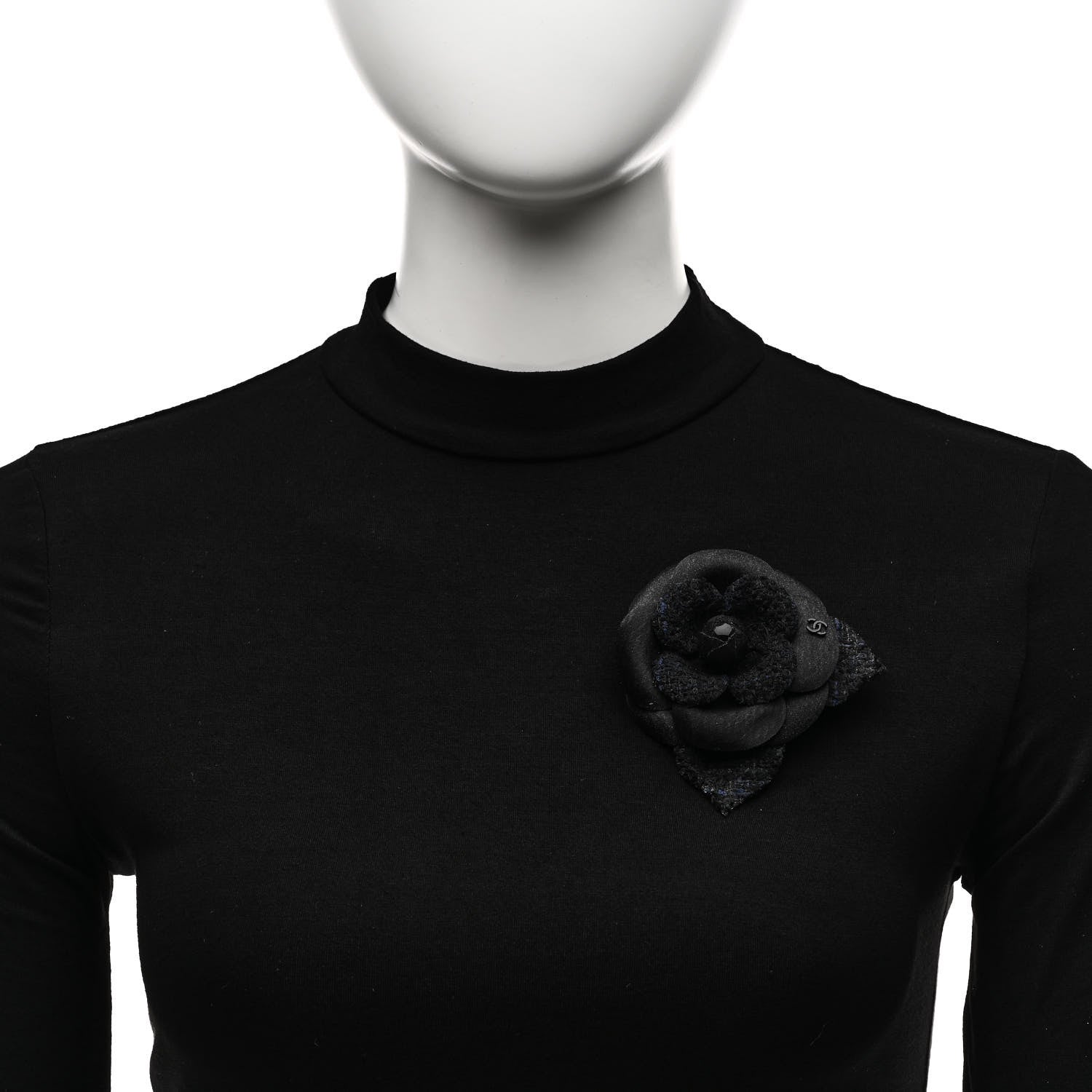 Chanel Tweed Fabric Camellia Pin Brooch Navy Blue Black 2 of 4