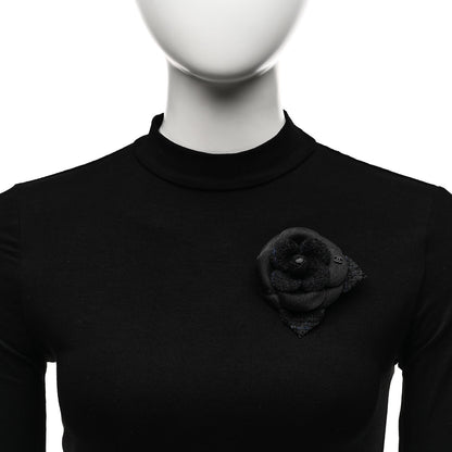 Chanel Tweed Fabric Camellia Pin Brooch Navy Blue Black 2 of 4