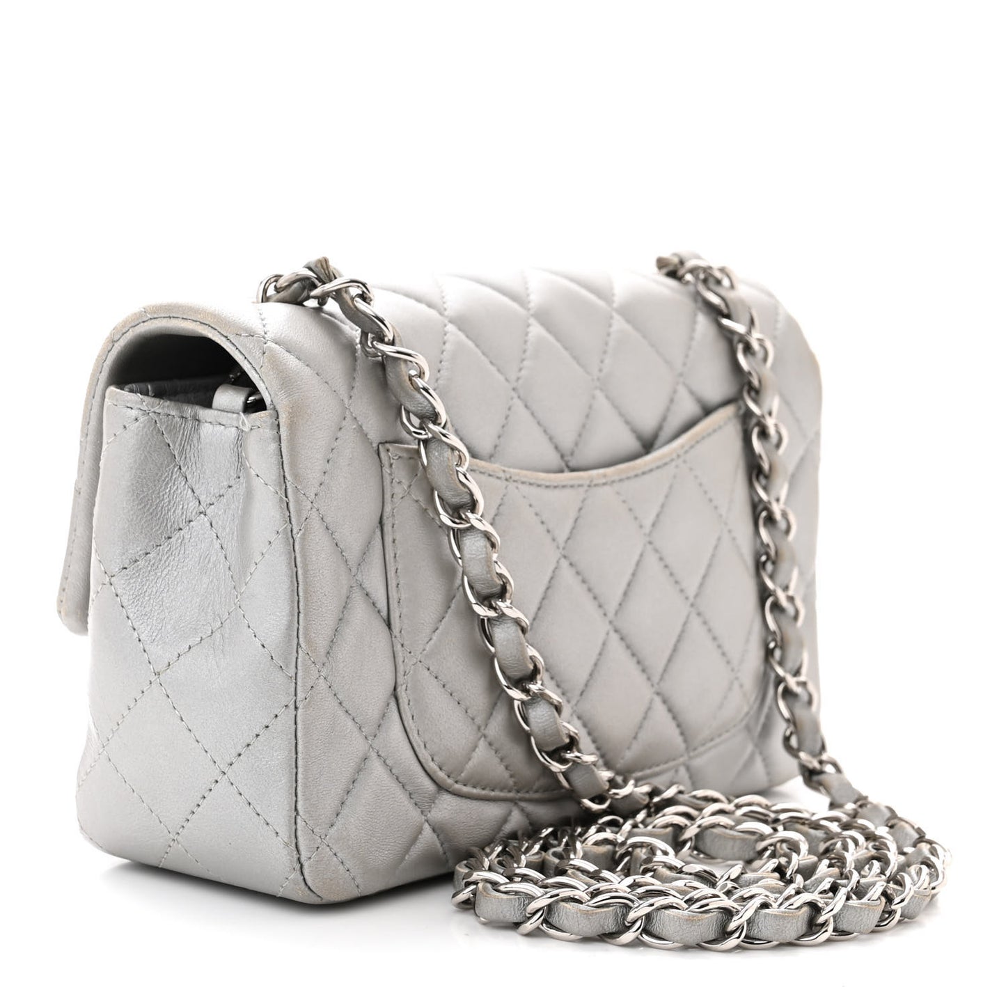 Metallic Lambskin Quilted Mini Rectangular Flap Silver