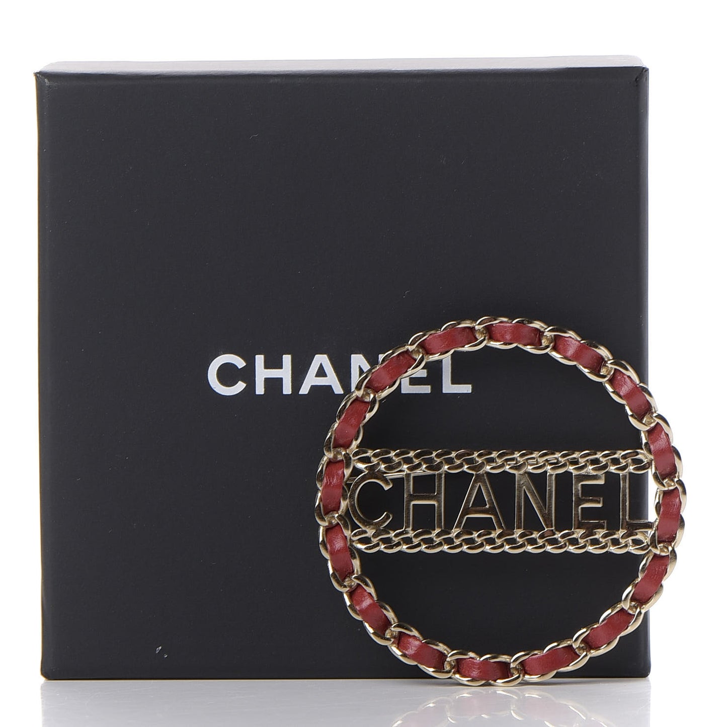 Lambskin Chain Logo Brooch Red Gold