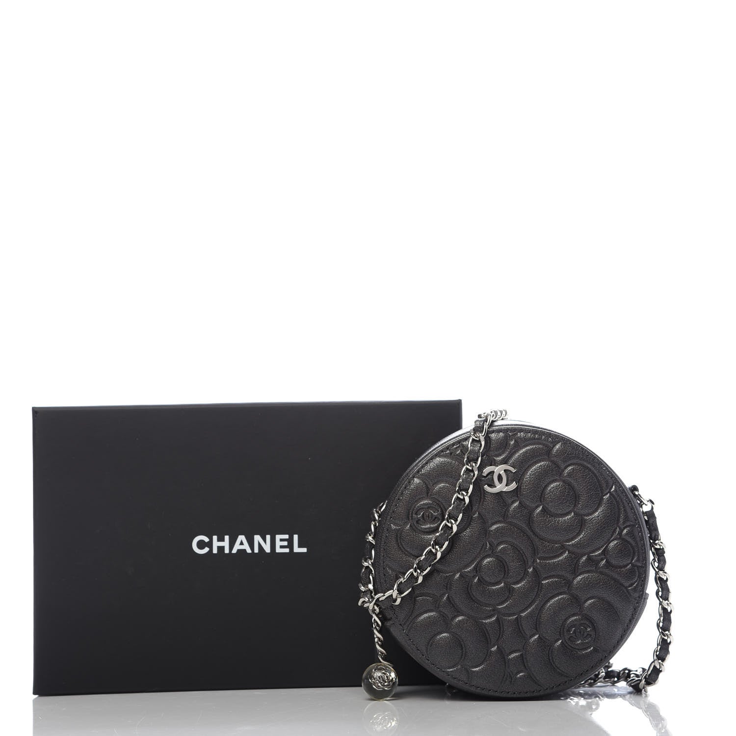 Chanel Goatskin Camellia Quilted Round Clutch With Chain Grey 10 of 10