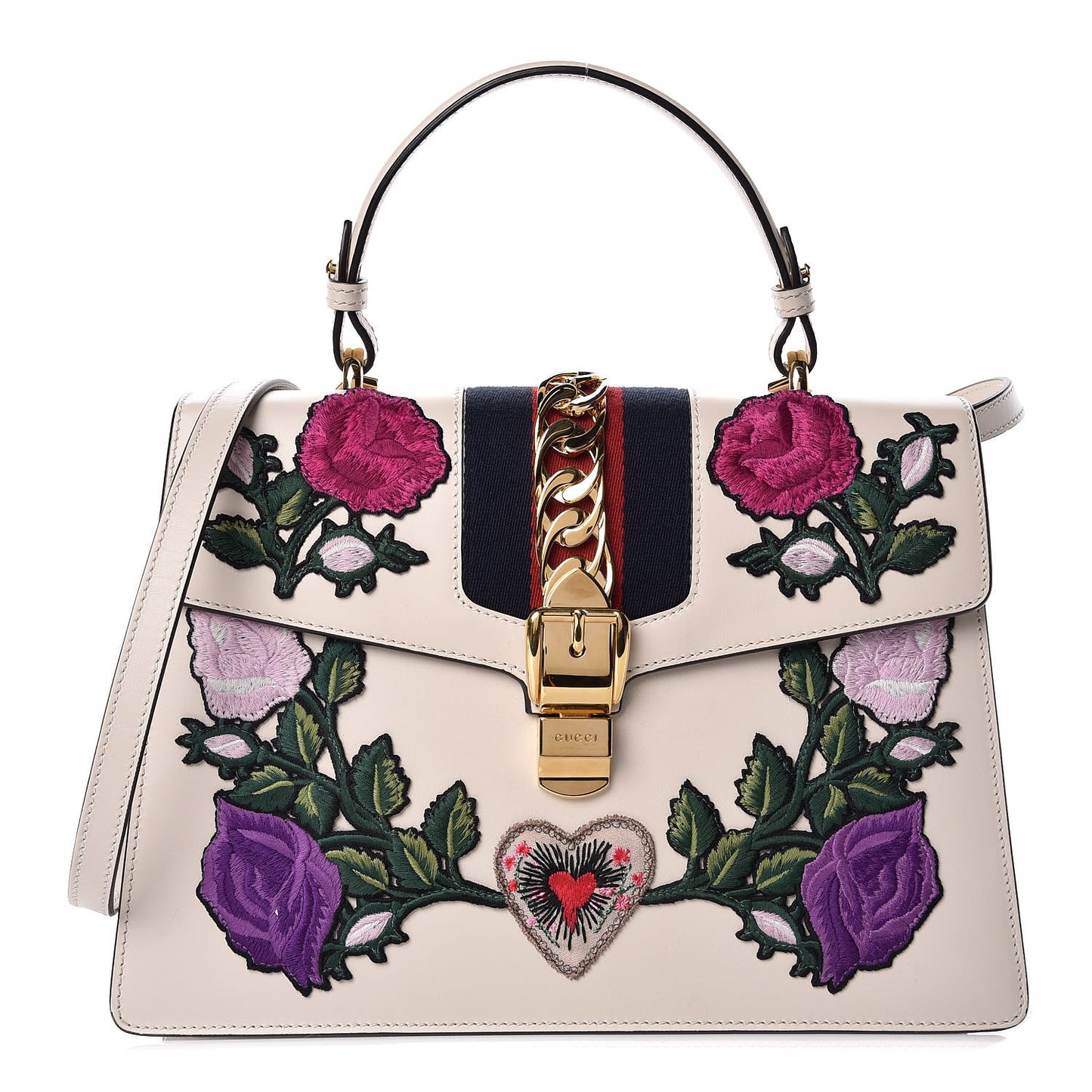 Calfskin Embroidered Medium Sylvie Top Handle Bag White