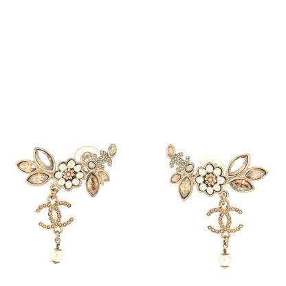 Chanel Pearl Crystal CC Flower Cluster Drop Earrings Gold Light Brown Pearly White 1 of 4