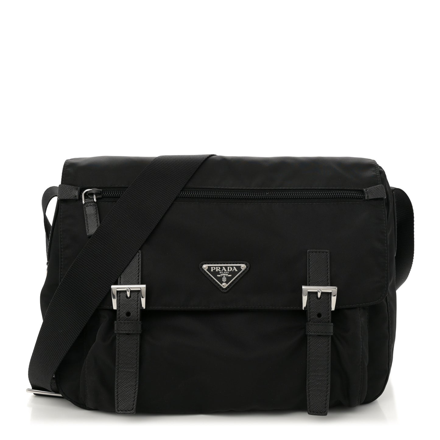 Tessuto Nylon Saffiano Double Buckle Messenger Shoulder Bag Black