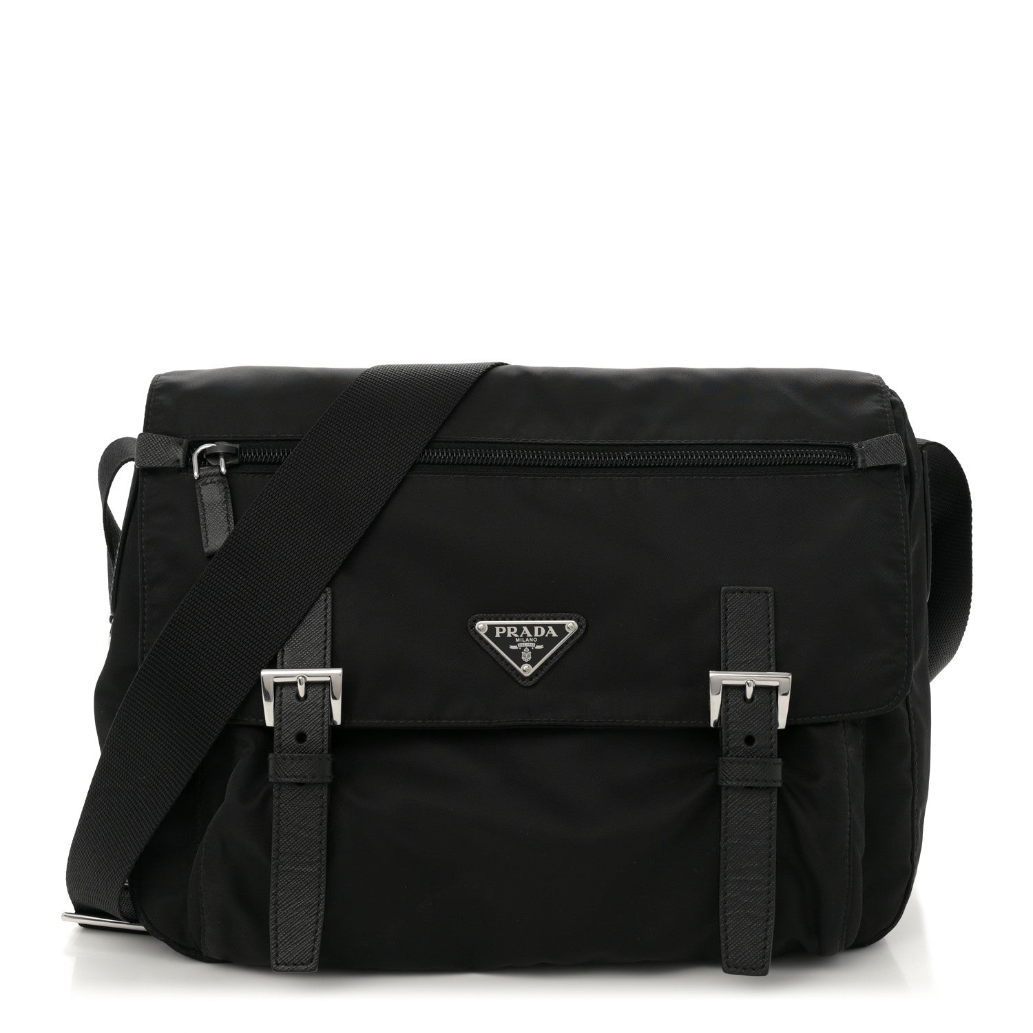 Prada Tessuto Nylon Saffiano Double Buckle Messenger Shoulder Bag Black 1 of 10