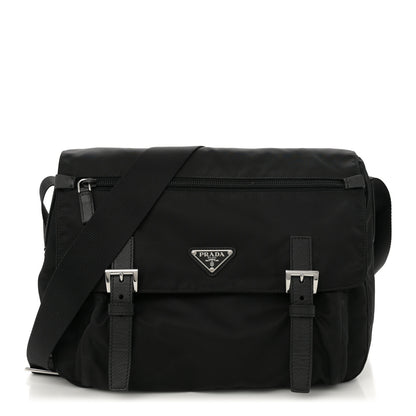 Prada Tessuto Nylon Saffiano Double Buckle Messenger Shoulder Bag Black 1 of 10