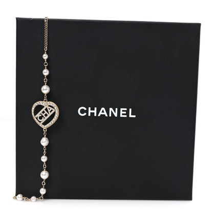 Chanel Crystal Pearl Heart CC Long Necklace Gold 5 of 5