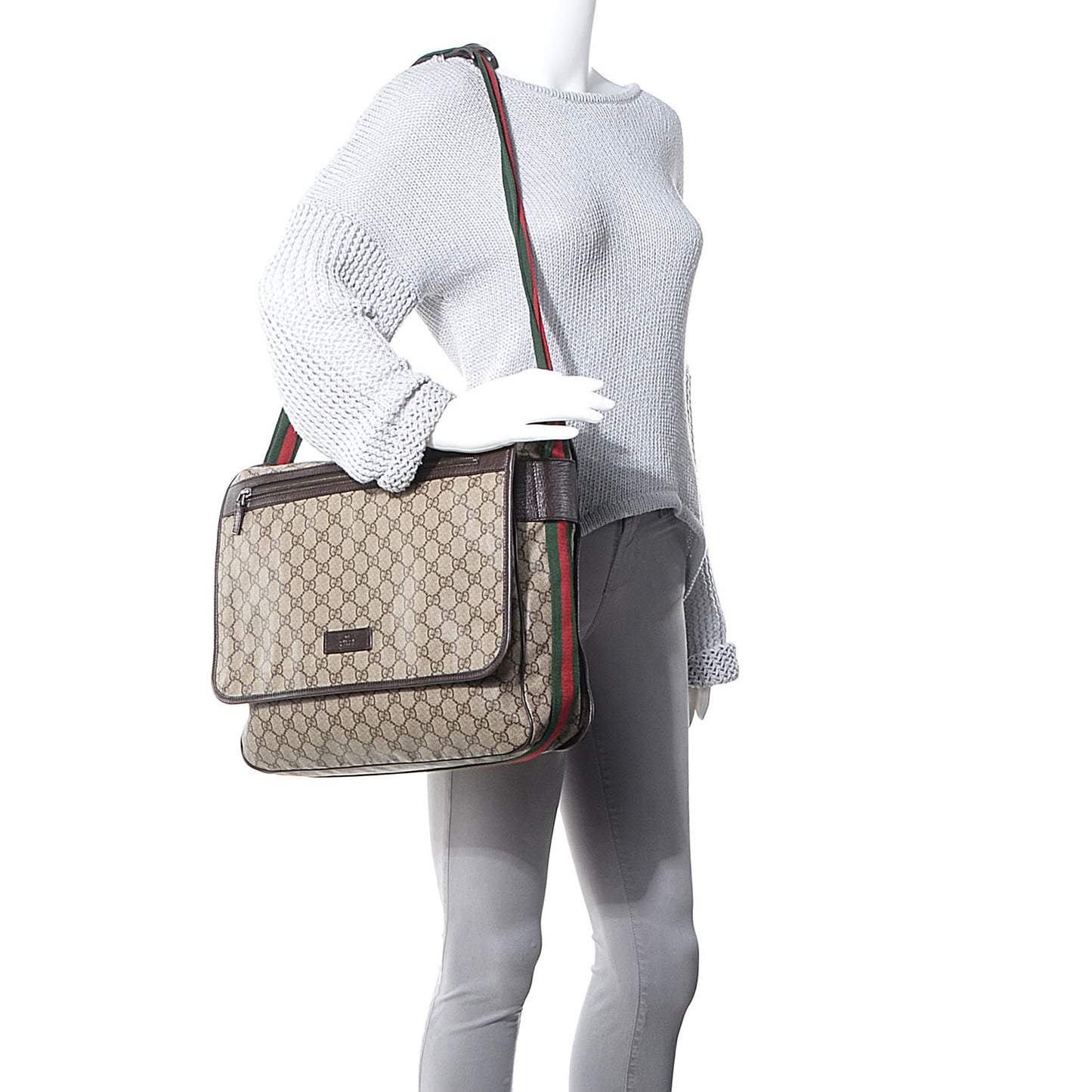 GG Plus Monogram Web Large Flap Messenger Bag Beige Dark Brown
