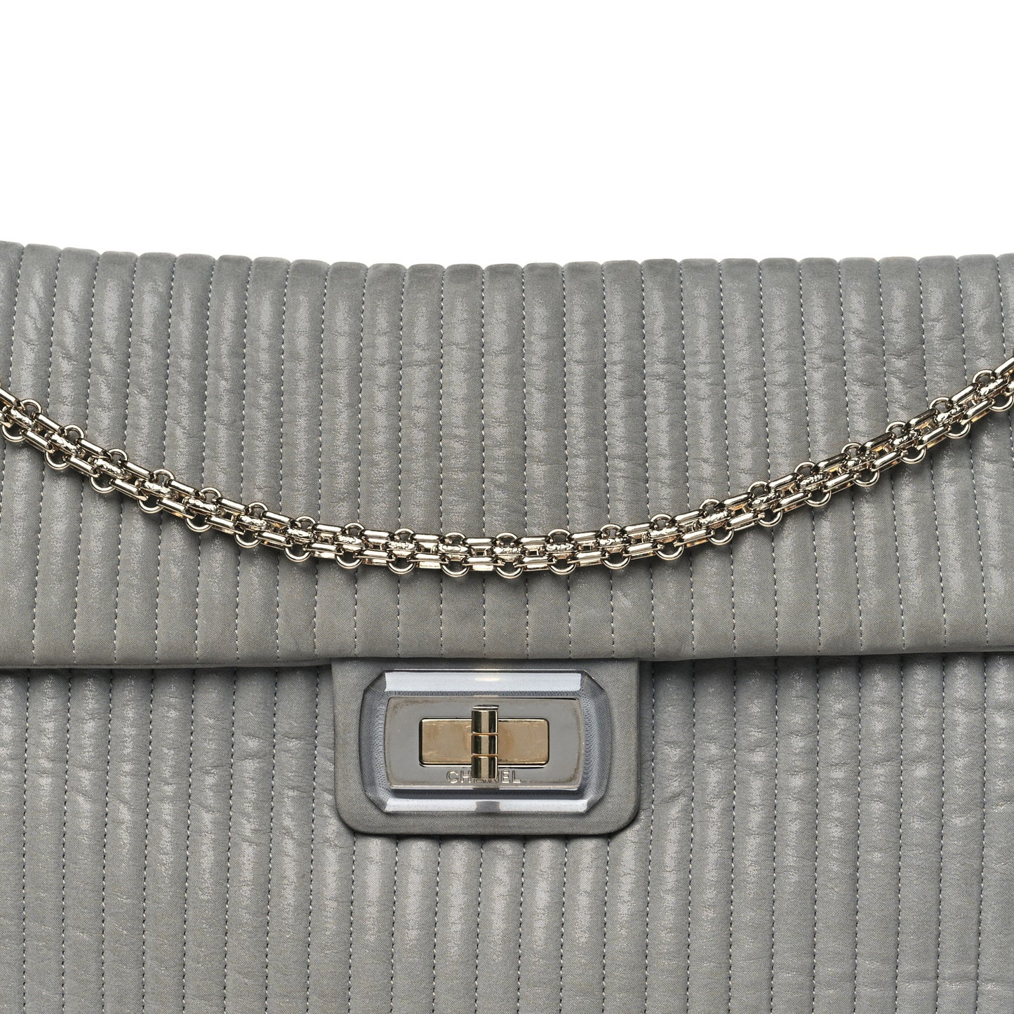 Iridescent Calfskin Vertical Quilted Mademoiselle Lock Bijoux Flap Shoulder Bag Grey
