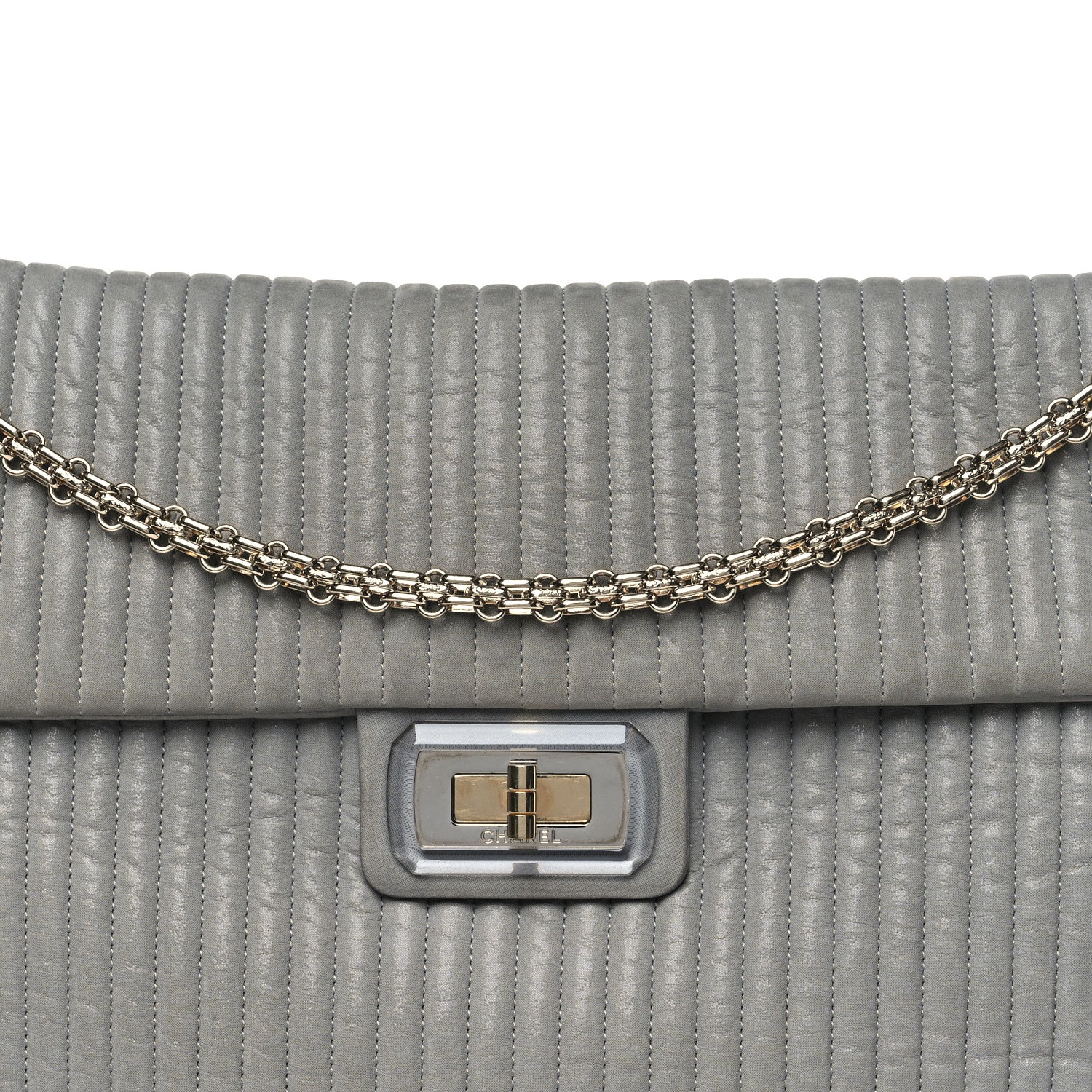 Chanel Iridescent Calfskin Vertical Quilted Mademoiselle Lock Bijoux Flap Shoulder Bag Grey 8 of 11