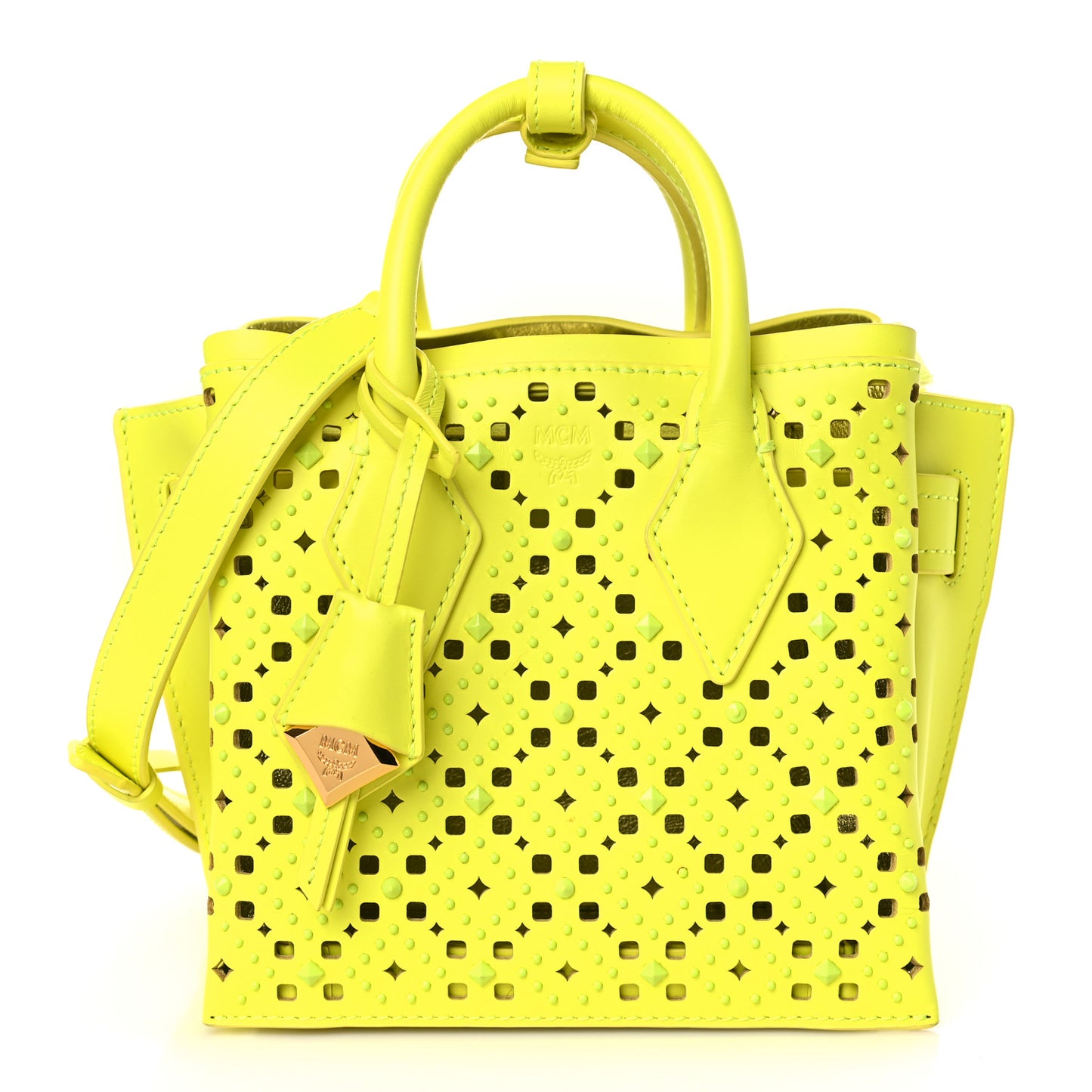 Perforated Calfskin Studded Mini Milla Tote Neon Yellow