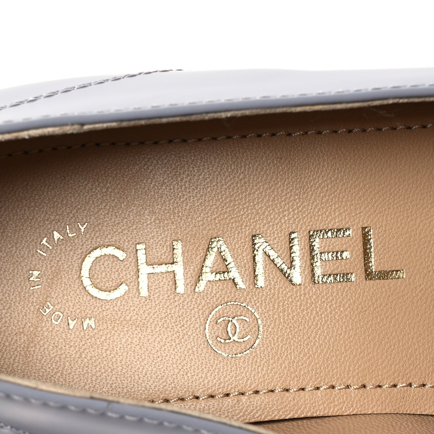 Chanel Shiny Calfskin Logo Loafers 37 Light Grey 1615529