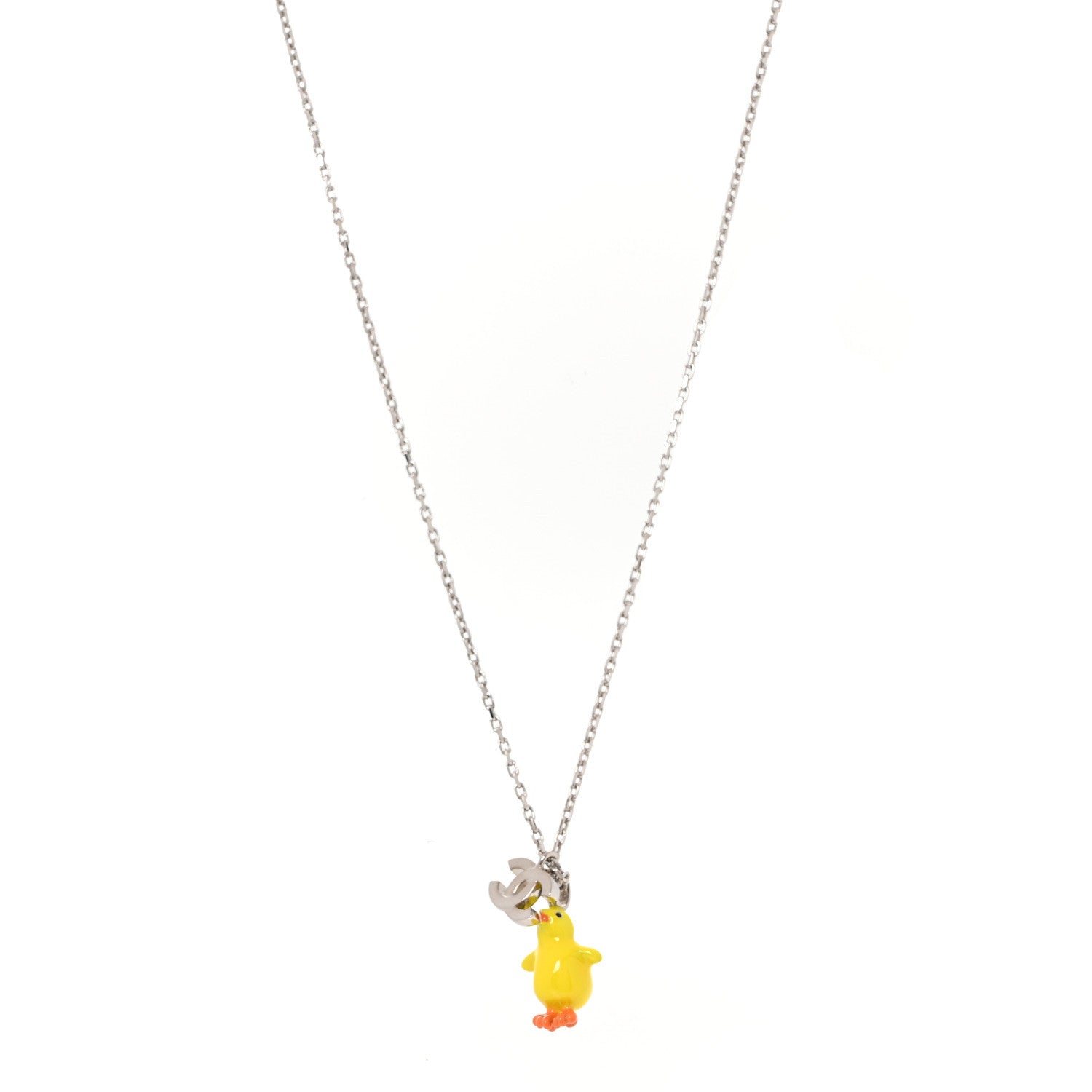 Chanel Metal Resin Strass Crystal CC Baby Chick Pendant Necklace Silver Yellow Orange 1 of 5