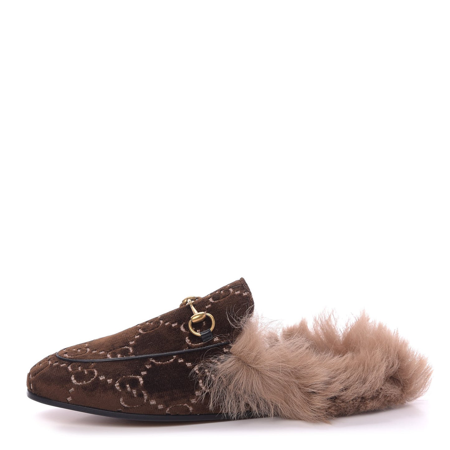 Velvet GG Monogram Fur Womens Princetown Slippers 38.5 Brown Black Natural