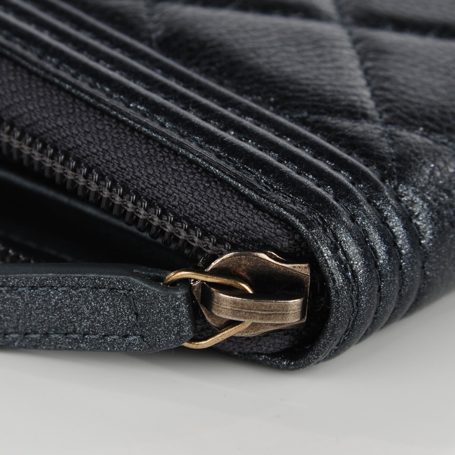 Metallic Calfskin Quilted Small Boy Zip Around Wallet Charcoal
