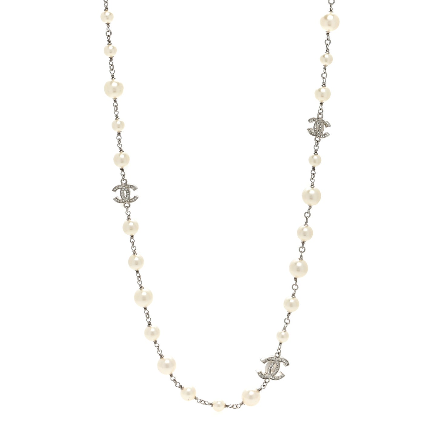 Crystal Pearl CC Long Necklace Silver
