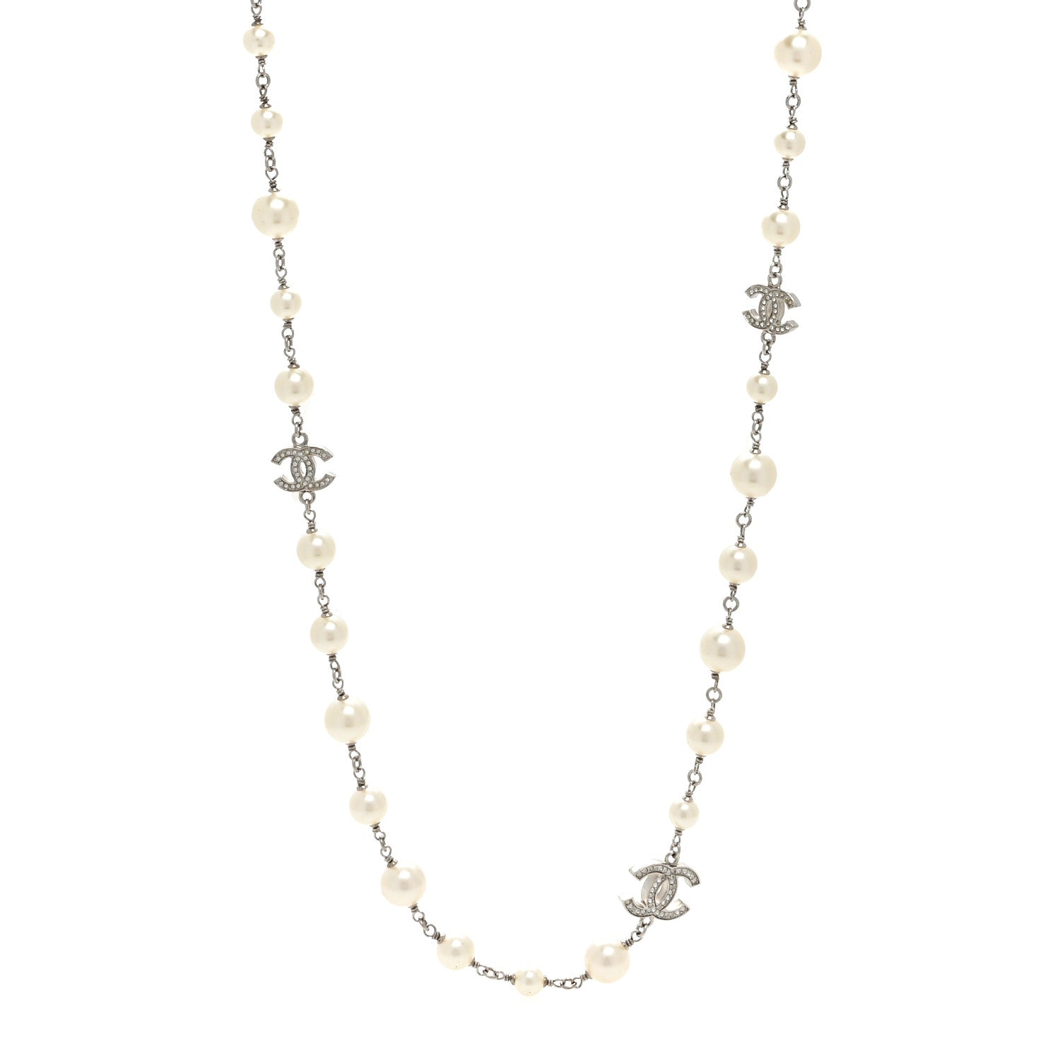 Chanel Crystal Pearl CC Long Necklace Silver 1 of 3