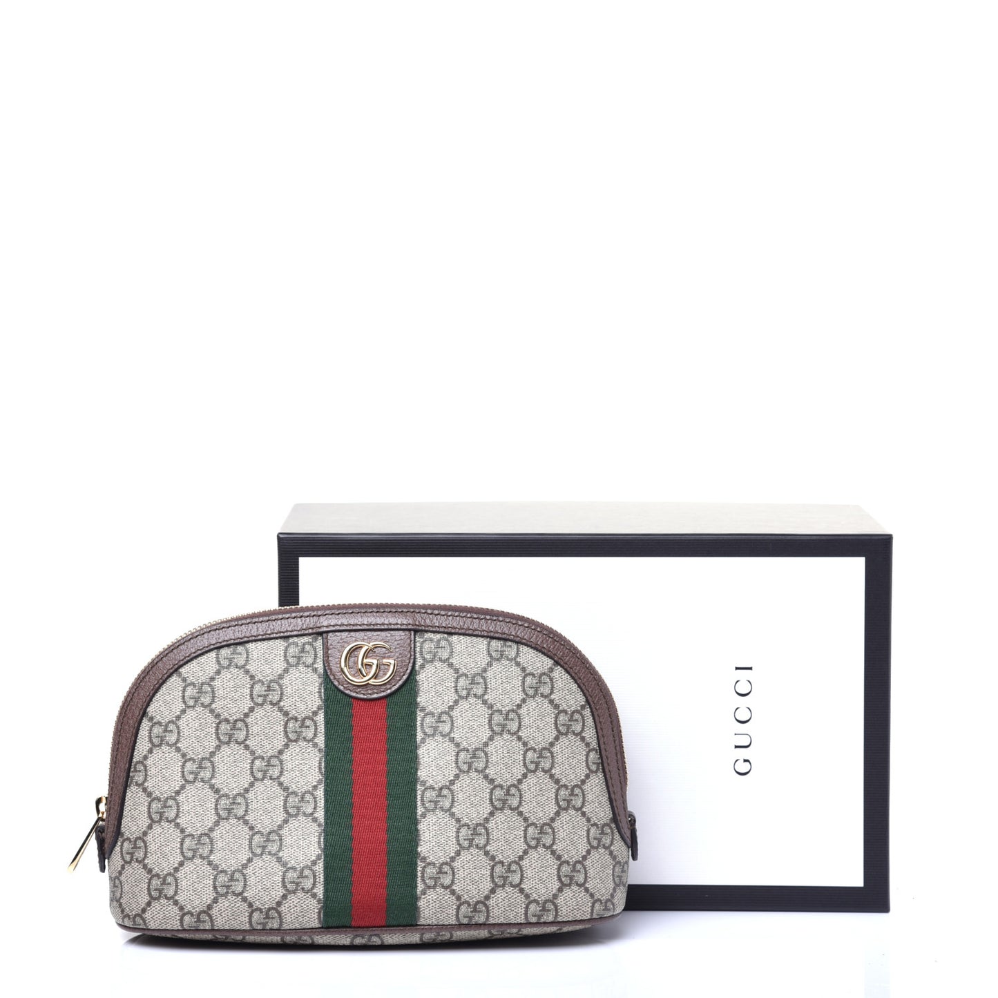 GG Supreme Monogram Textured Calfskin Web Large Ophidia Cosmetic Case Beige Ebony New Acero