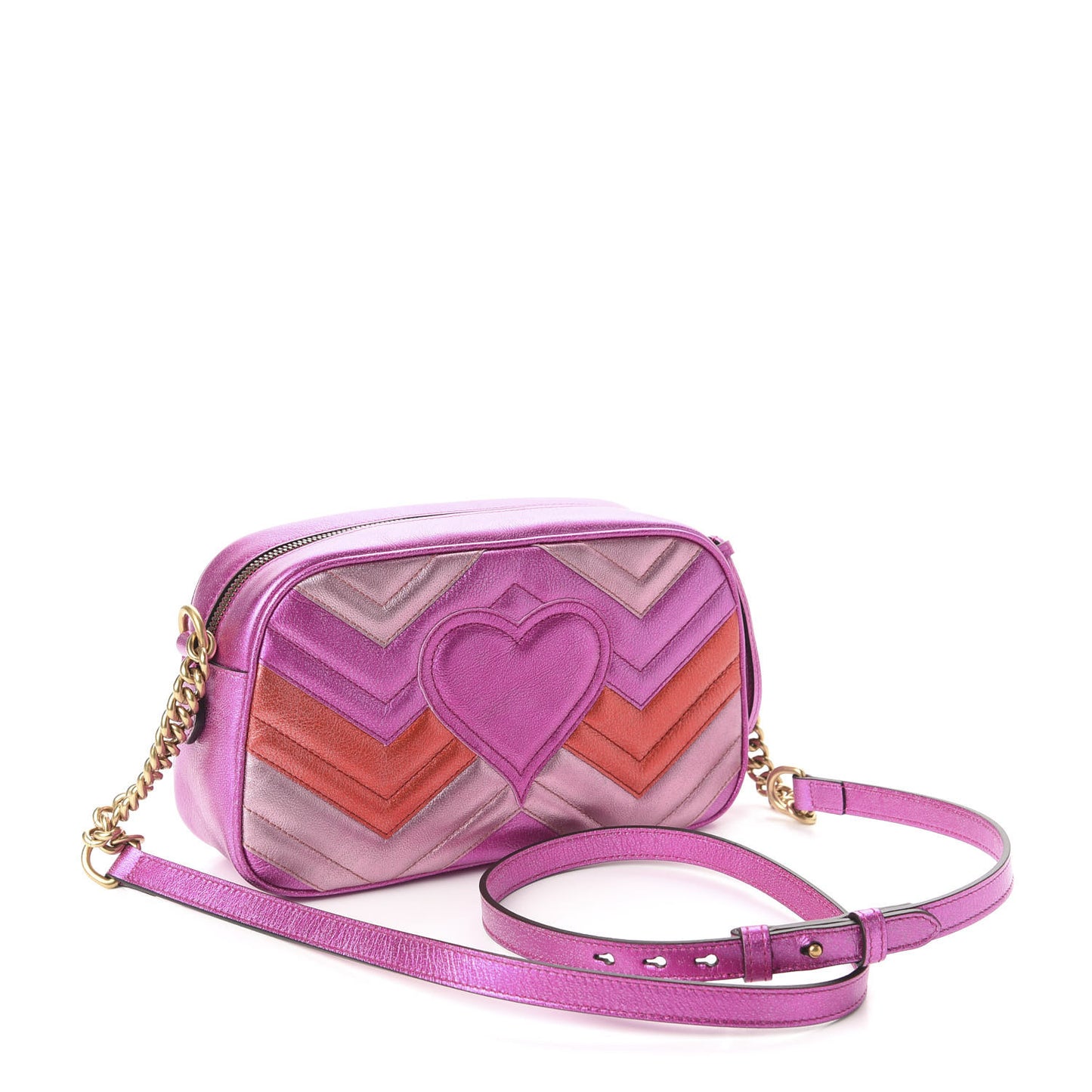 Laminated Nappa Matelasse Small GG Marmont Chain Shoulder Bag Fuxia Rosso Rosa