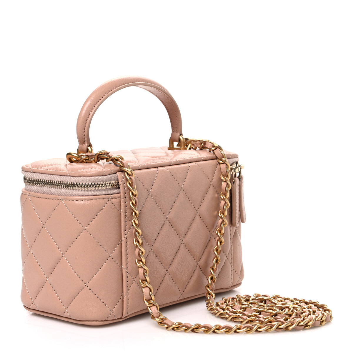 Lambskin Quilted Small Top Handle Vanity Case With Chain Beige