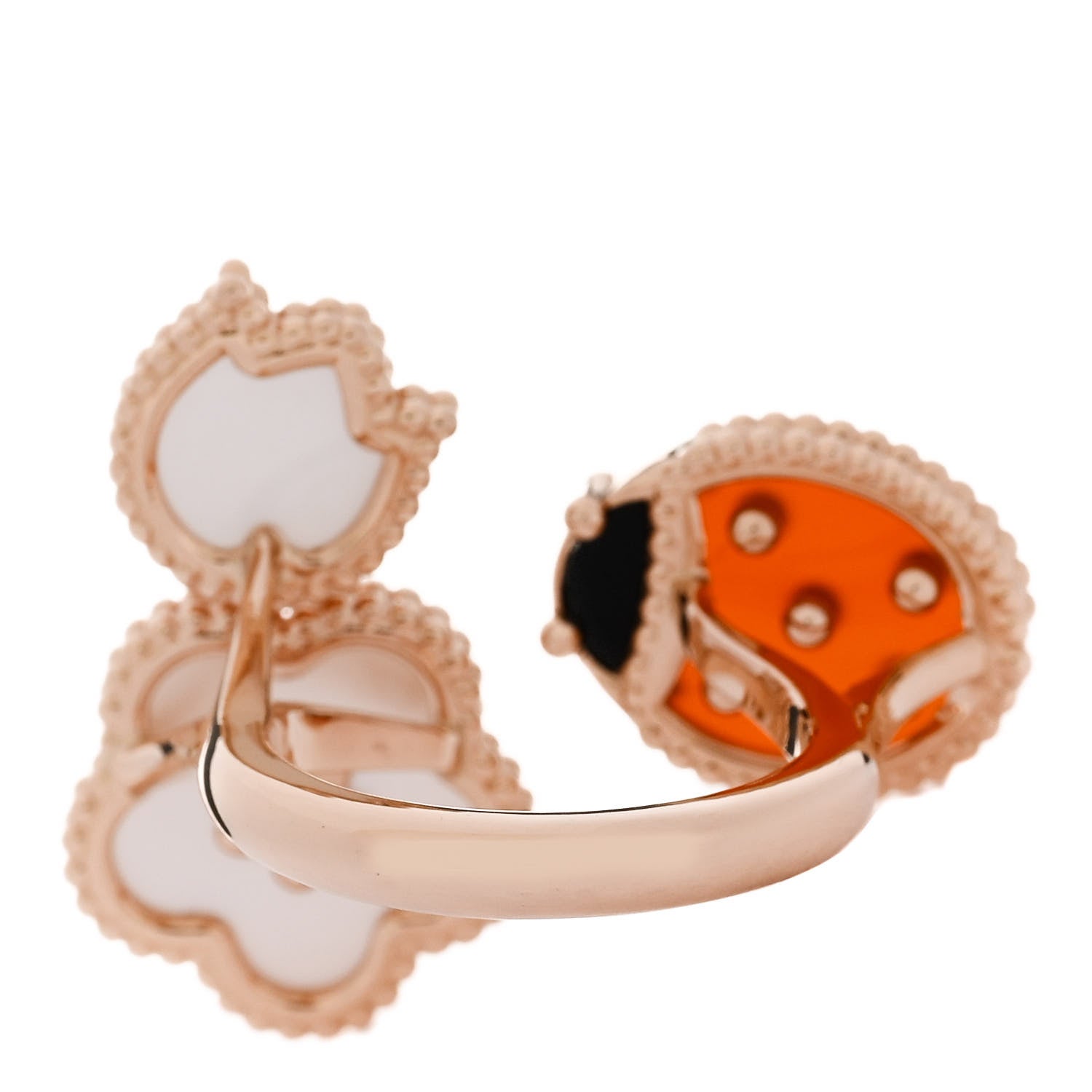 Van Cleef & Arpels 18K Rose Gold Mother of Pearl Carnelian Black Onyx Lucky Spring Between the Finger Ring 48 4.5 4 of 7