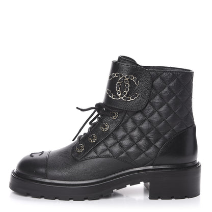 Chanel Shiny Goatskin Calfskin Quilted Lace Up Combat Boots 40 Black 1 of 10