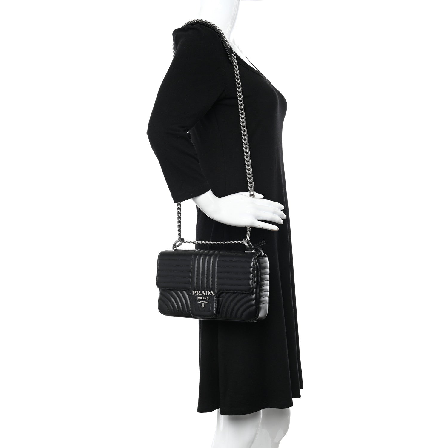 Prada Soft Calfskin Impunture Diagramme Medium Chain Flap Shoulder Bag Black 2 of 12