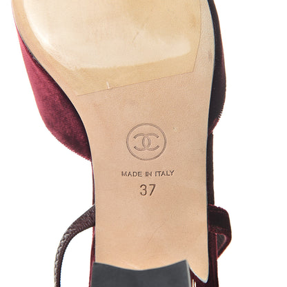 Chanel Velvet Grosgrain Cap Toe CC Slingback Pumps 37 Burgundy Black 9 of 10