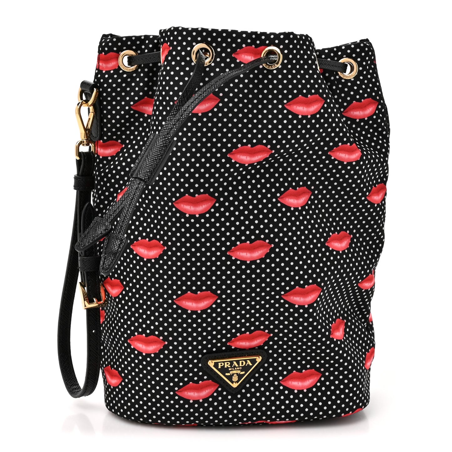 Tessuto Nylon Saffiano Lips Print Bucket Wristlet Black