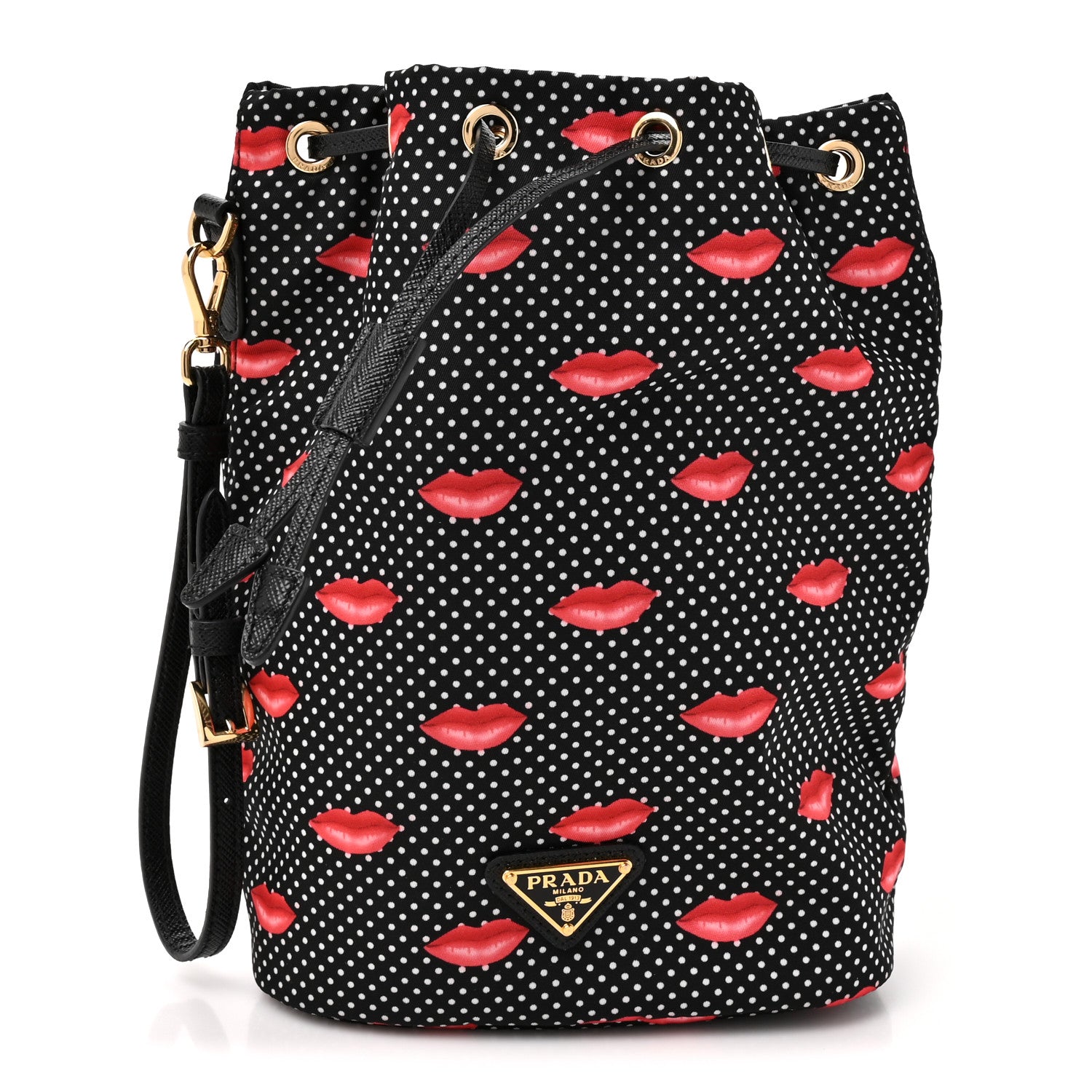 Prada Tessuto Nylon Saffiano Lips Print Bucket Wristlet Black 1 of 9