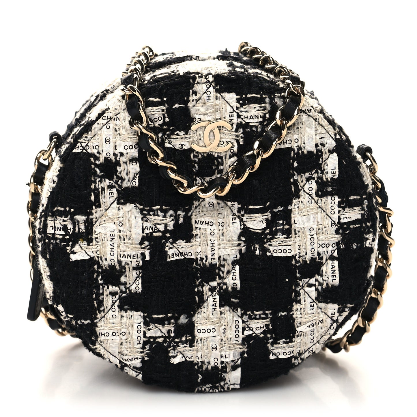 Tweed Quilted Round Clutch With Chain Black Ecru White
