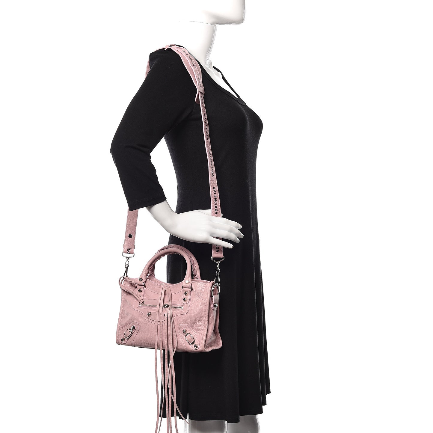 Agneau Classic Silver Hardware Mini City Logo Strap Pale Rose Black