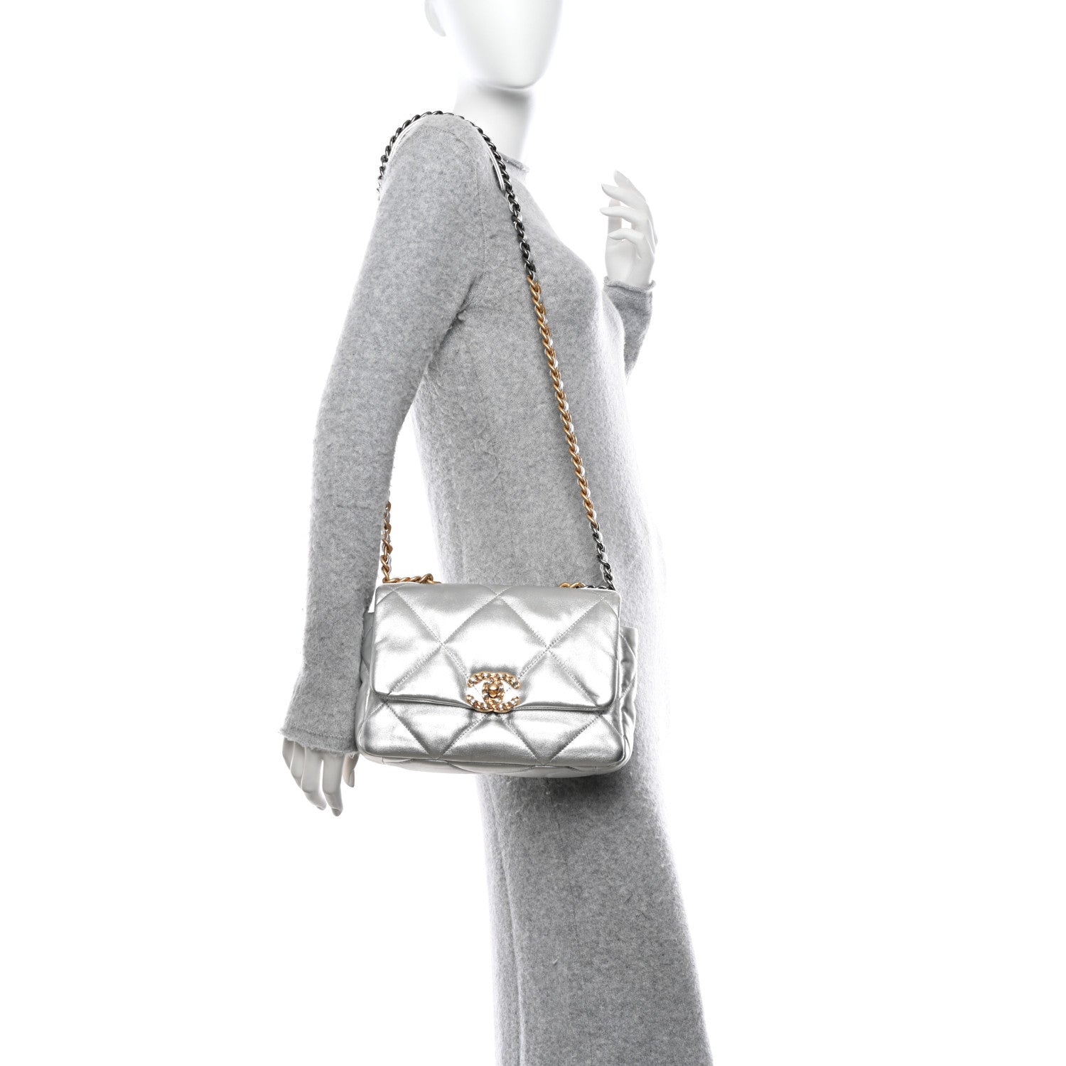 Chanel Metallic Goatskin Quilted Medium Chanel 19 Flap Silver 2 of 10