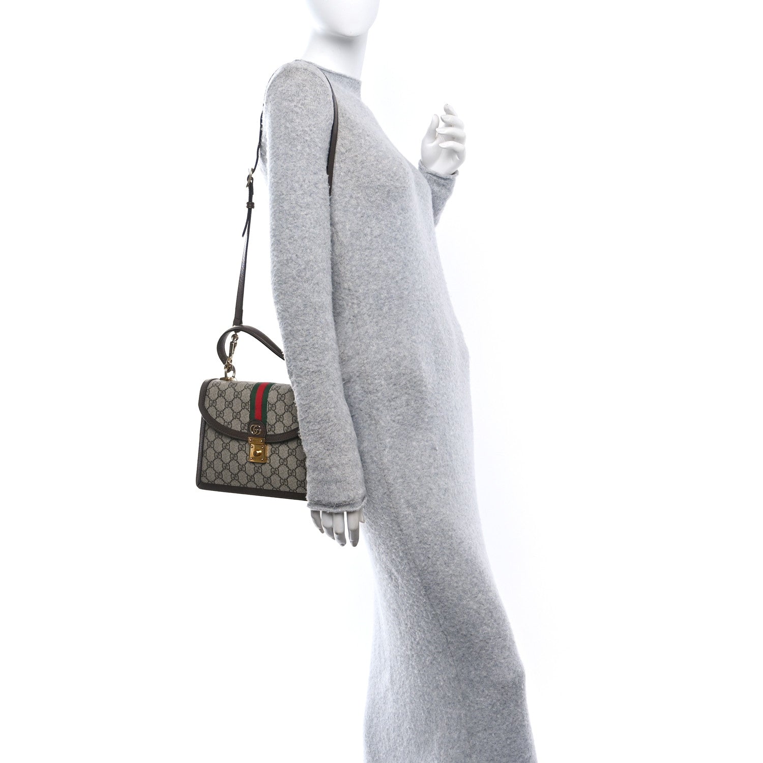 Gucci GG Supreme Monogram Textured Dollar Calfskin Web Small Ophidia Padlock Top Handle Bag Beige Ebony New Acero 2 of 11