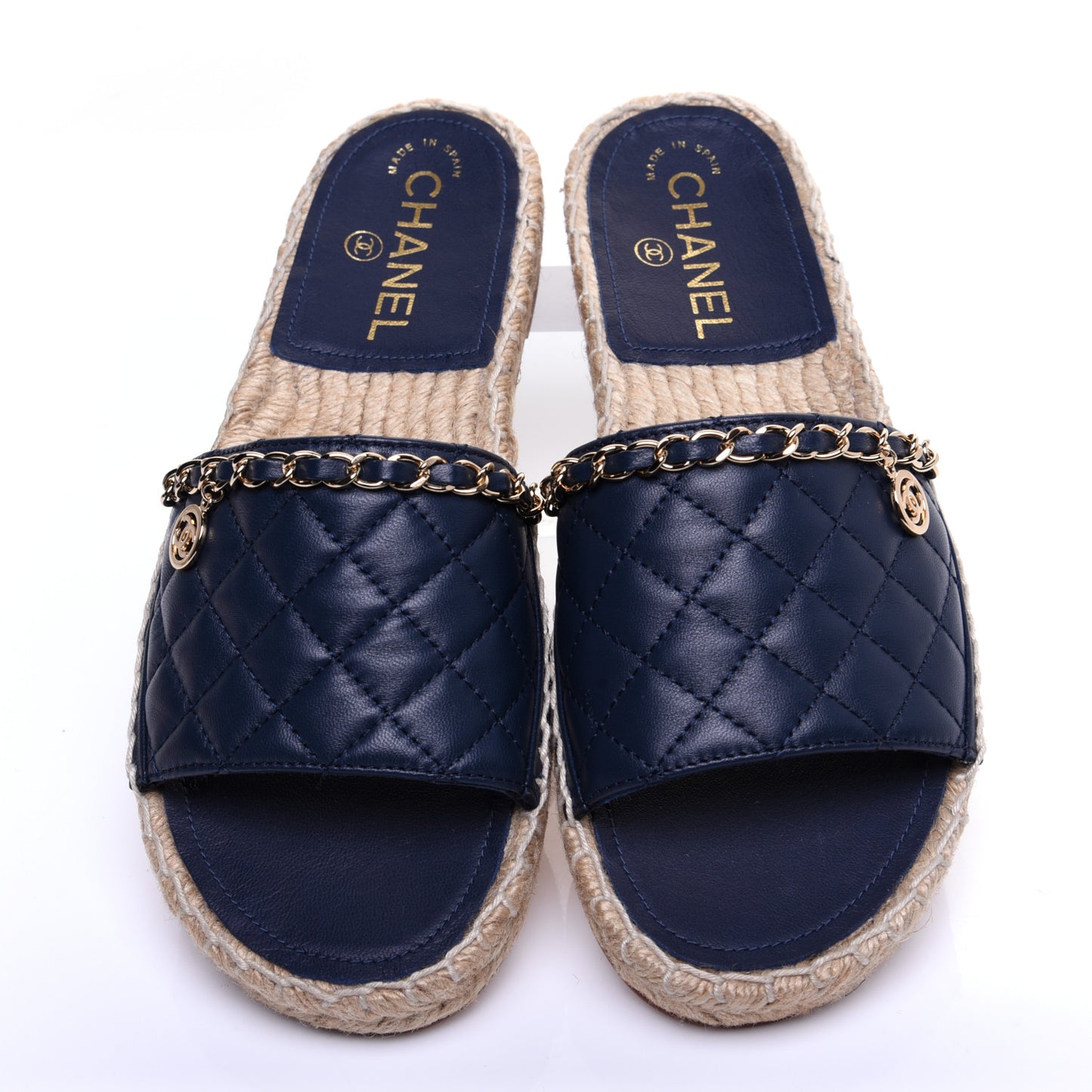 Lambskin Quilted CC Espadrille Slip On Sandals 37 Navy