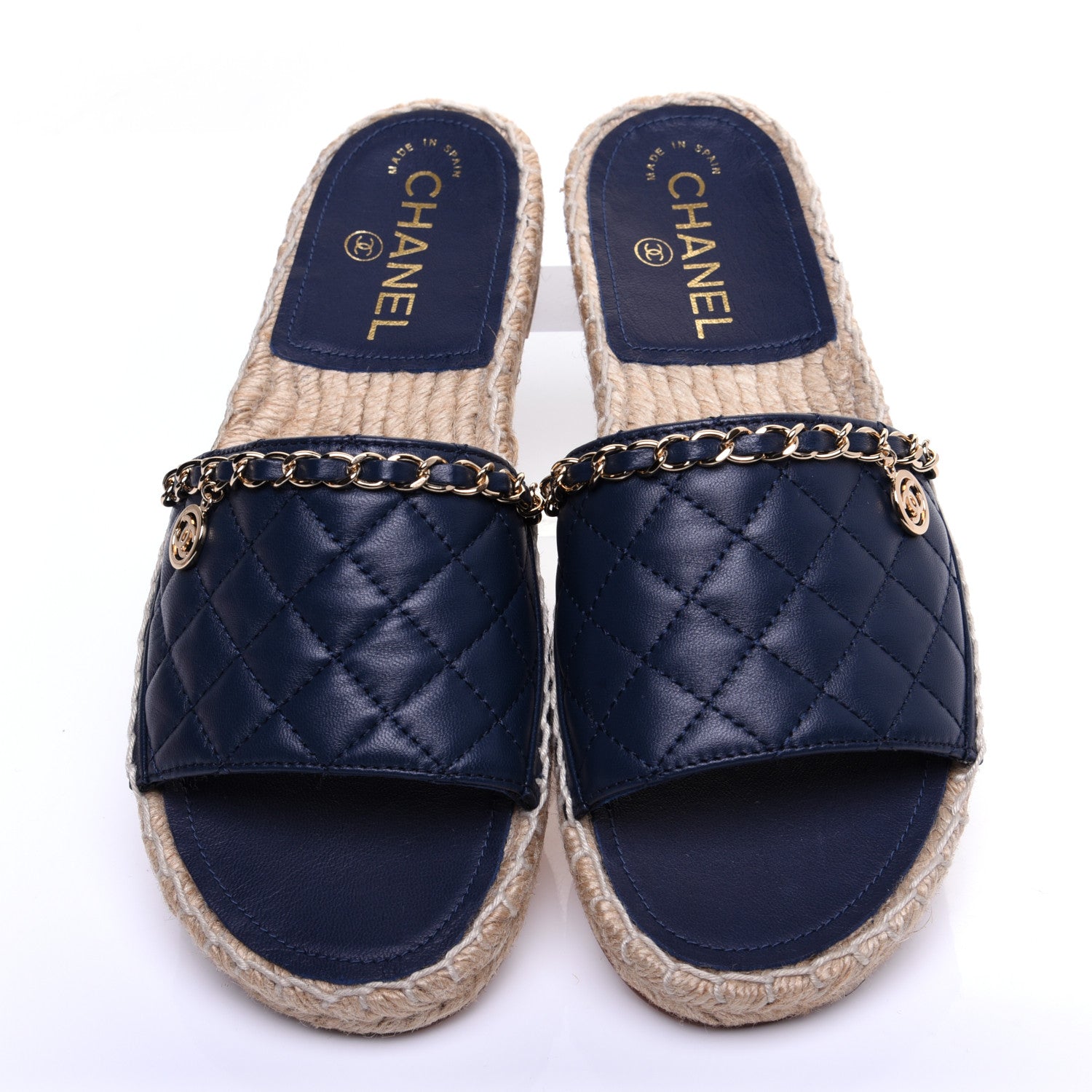 Chanel Lambskin Quilted CC Espadrille Slip On Sandals 37 Navy 7 of 12
