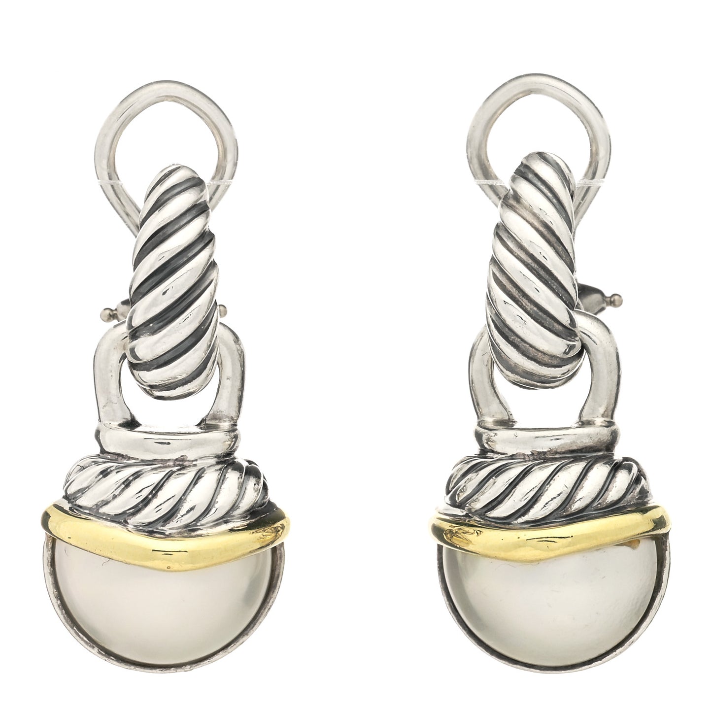 Sterling Silver 14K Yellow Gold Pearl Cable Drop Earrings