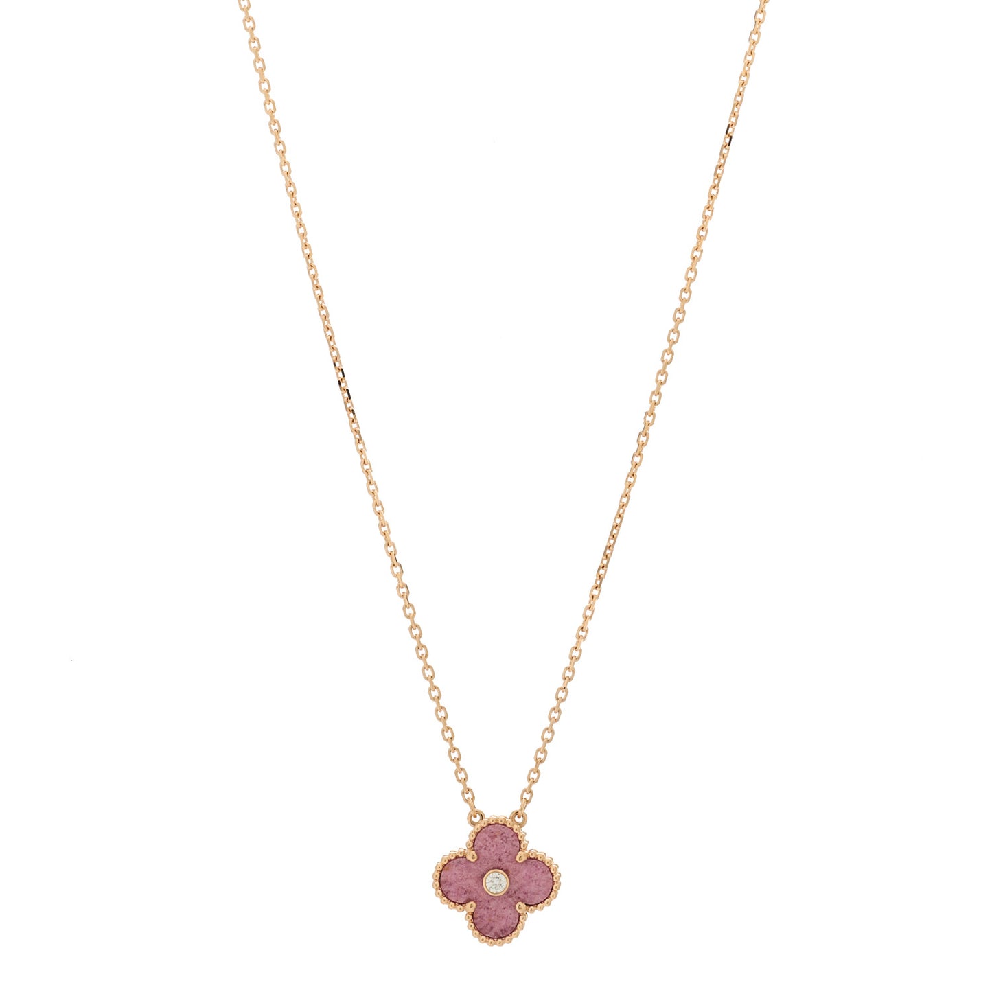 18K Rose Gold Diamond Rhodonite Vintage Alhambra Pendant Necklace