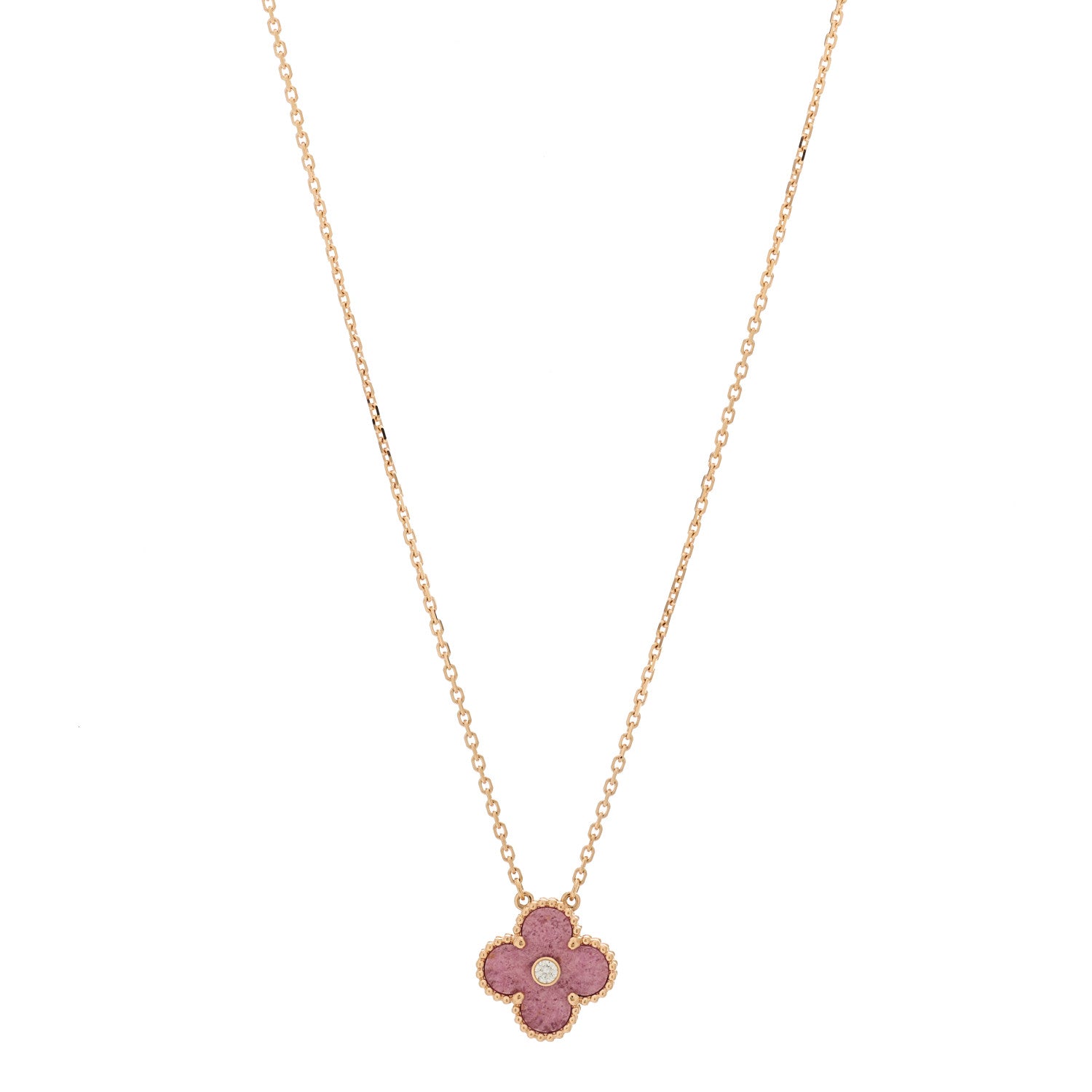Van Cleef & Arpels 18K Rose Gold Diamond Rhodonite Vintage Alhambra Pendant Necklace 1 of 6