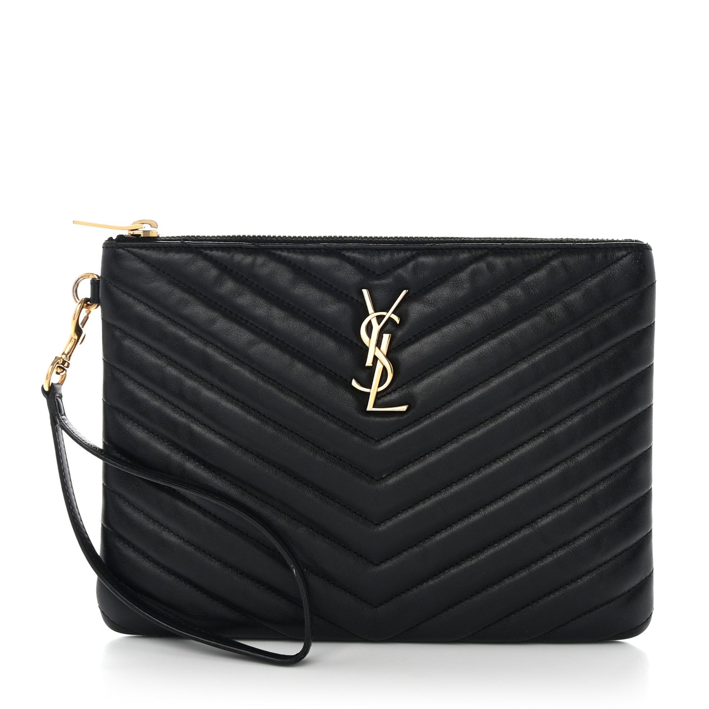 SAINT LAURENT Calfskin Matelasse Chevron Monogram A5 Wristlet Black